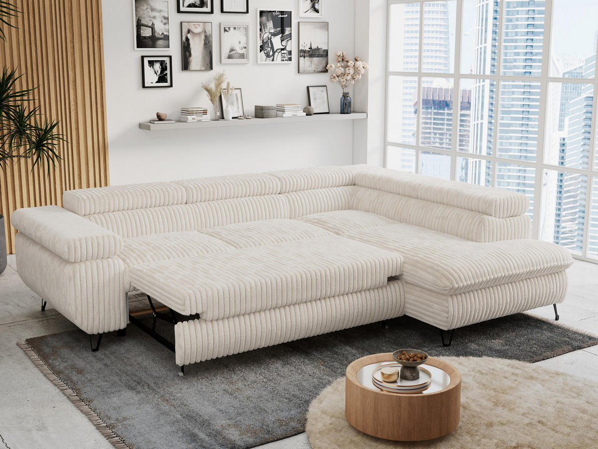 ECKSOFA PETER L Beige Cord - Rechts Seite - Beige/Schwarz, Textil/Metall (273/208cm) - MKS