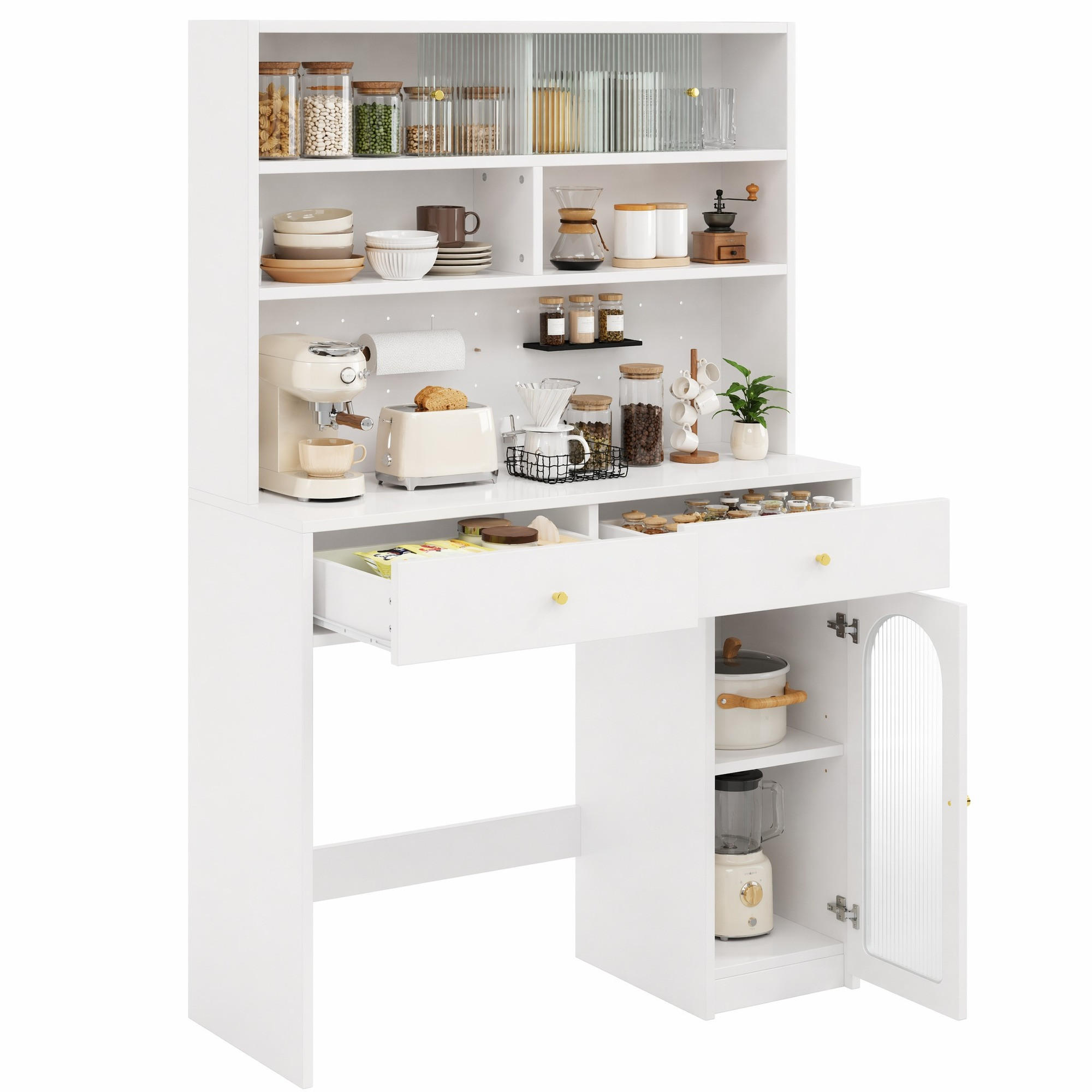 KÜCHENSCHRANK in Weiß Highboard mit 2 Schubladen, Hakenleiste und verstellbarem Einlegeboden , B120/T45/H180cm - Transparent/Weiß, Holzwerkstoff/Metall (120/180/45cm) - STILVORA