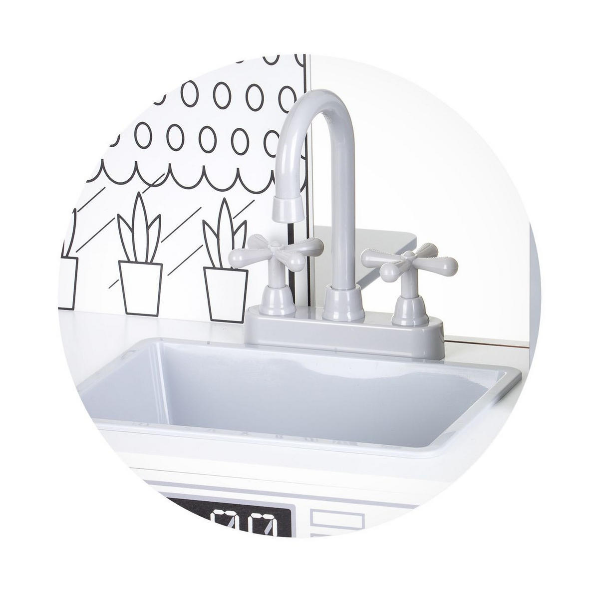 SPIELKÜCHE 2 in 1 98 cm weiß Holz, Tisch und Hocker, Metalltöpfe, Mikrowelle, Backofen, Spüle - Weiß, Holz (80/60/98cm) - Chipolino