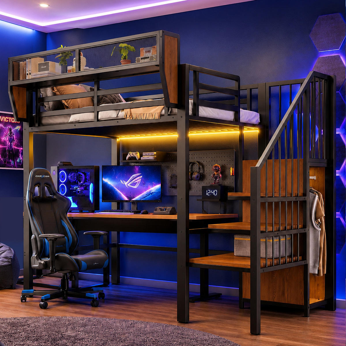 HOCHBETT 90/200 cm in Schwarz mit LED, Sicherheitsleiter und Stauraum - Schwarz, Holzwerkstoff/Metall (90/200cm) - WISHDOR