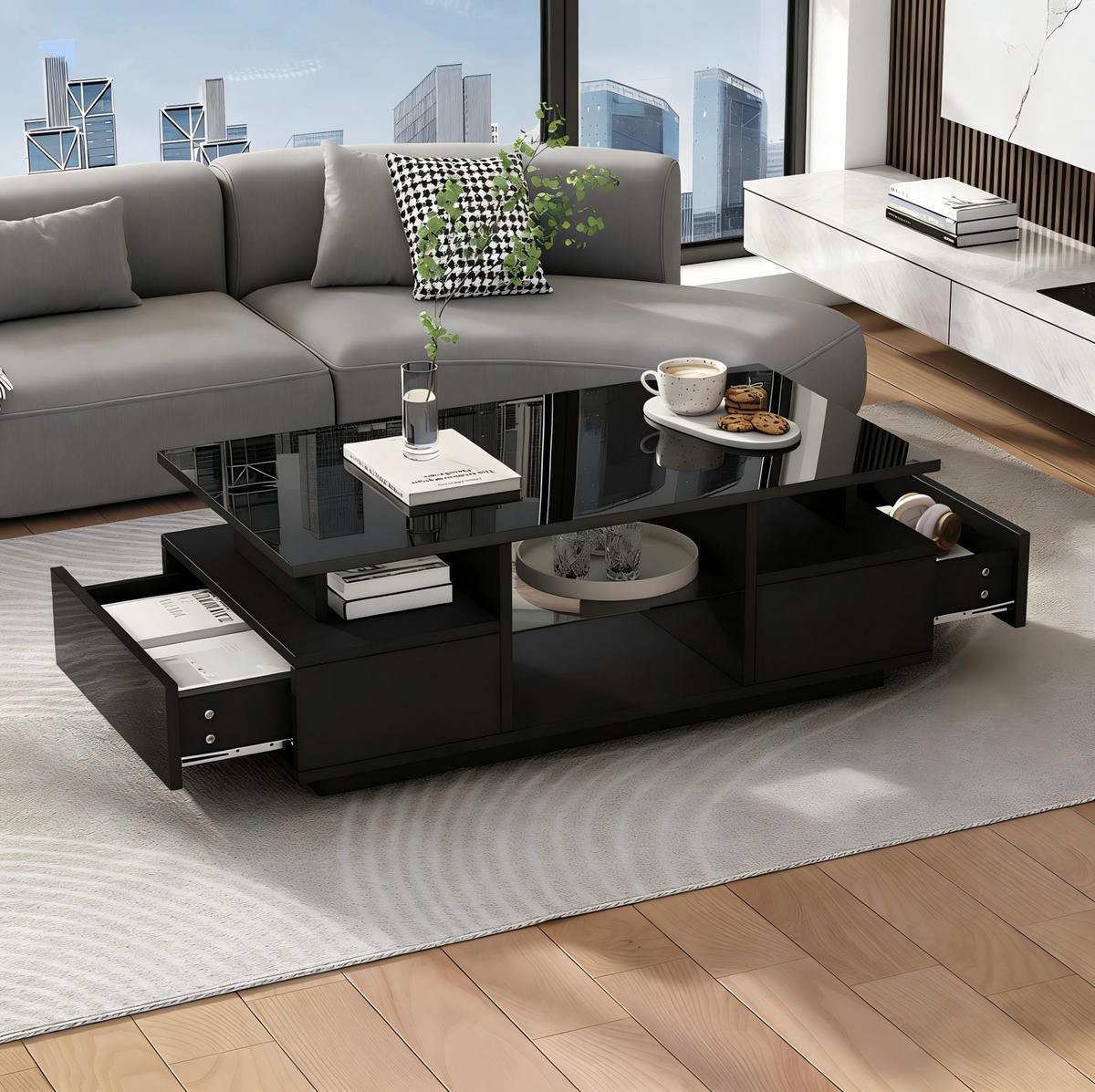 COUCHTISCH 100/50/36 cm Schwarz aus Spanplatte mit LED-Beleuchtung und 2 Schubladen - Schwarz, Holzwerkstoff (100/50/36cm) - OKWISH