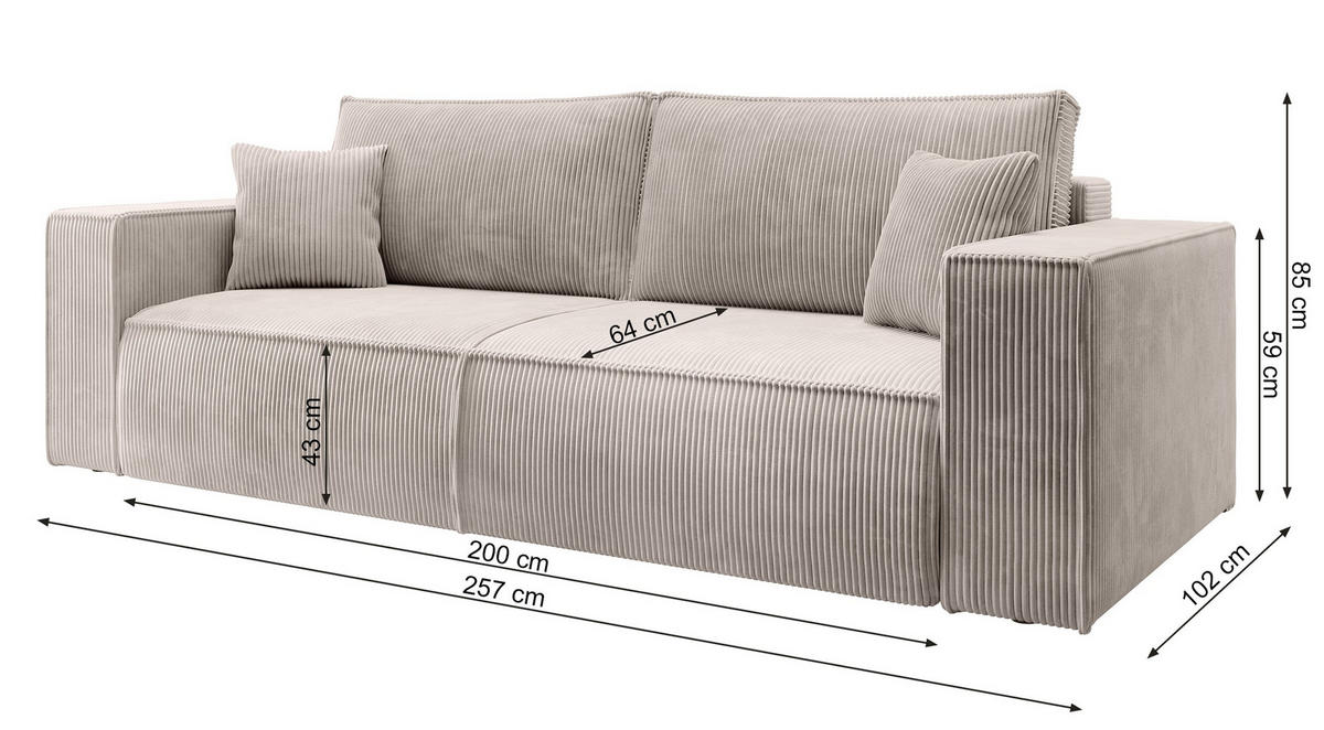 SOFA FARESE Dunkelgrau mit Cordbezug - Dunkelgrau, Textil/Metall (257/85/102cm) - Selsey