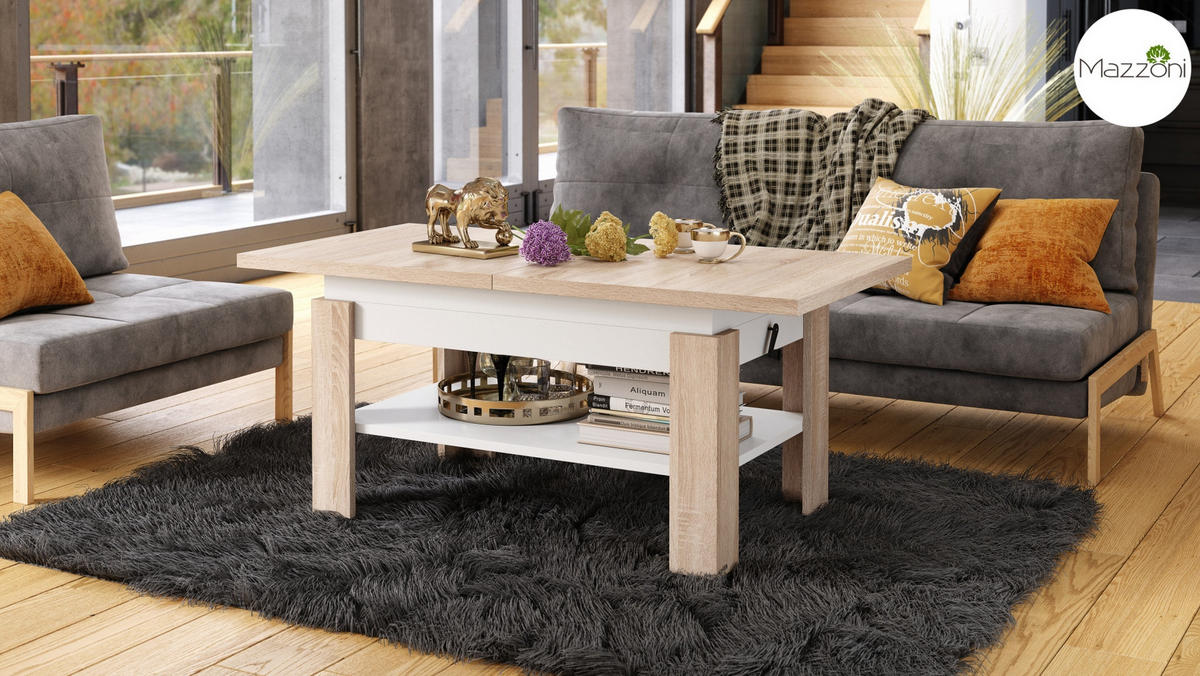 COUCHTISCH rechteckig Sonoma Eiche - Weiß ausziehbar höhenverstellbar - Weiß/Sonoma Eiche, Holzwerkstoff (65/130/58cm) - designimpex