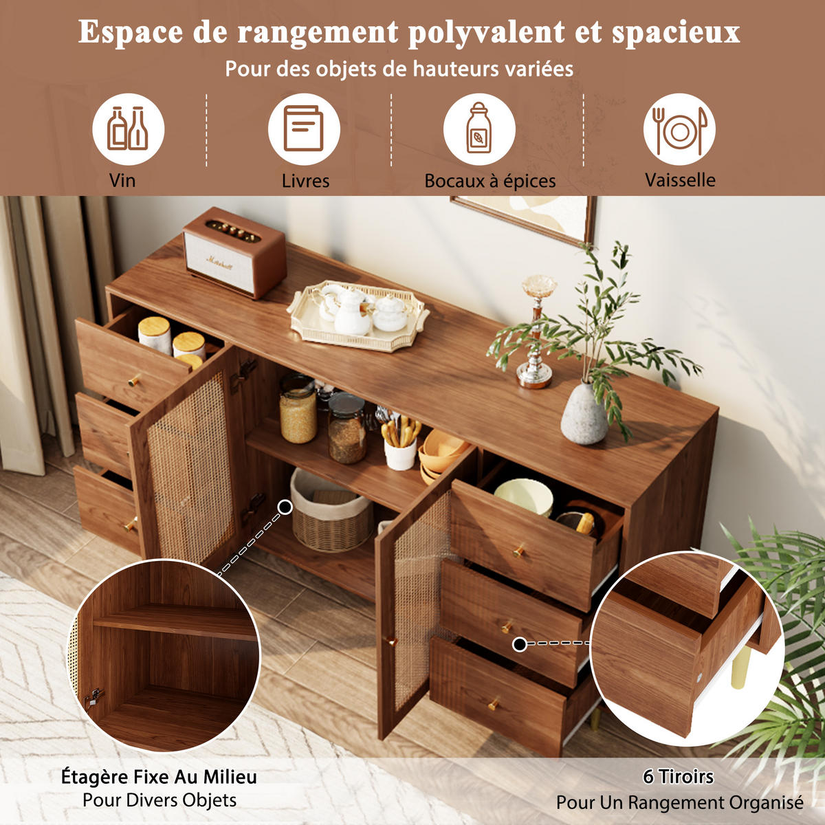 SIDEBOARD 160x40x90 cm, 2 Rattantüren, 6 Schubladen, Braun - Kastanienfarben, Holz (160/90/40cm)