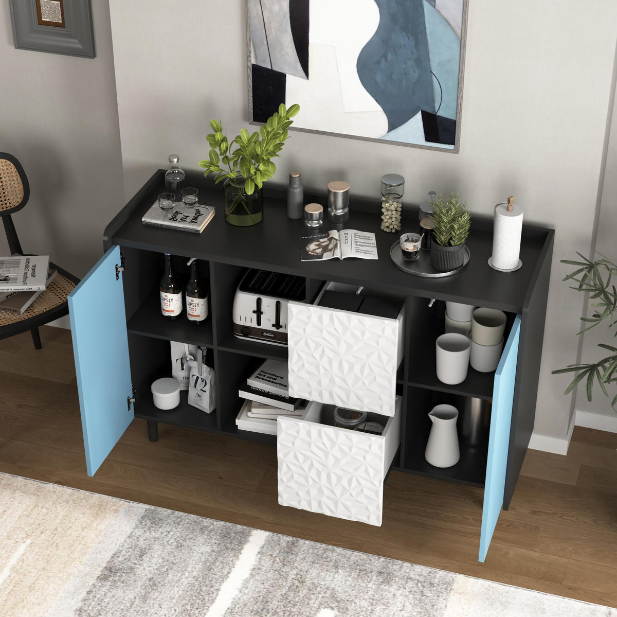 SIDEBOARD 120/40/80 cm, Schwarz/Blau, mit 2 Schubladen, offenem Fach und Schrank, Schwarz/Blau - Blau, Holzwerkstoff (120/80/40cm) - Redom