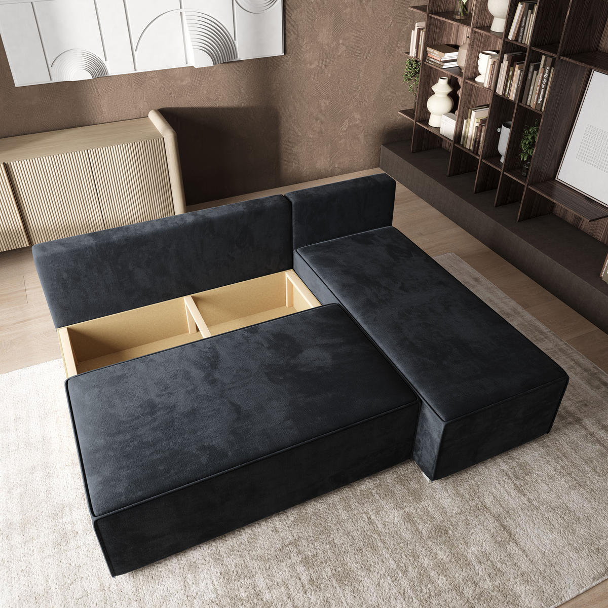 ROHOVÁ SEDAČKA BRISO černá - šedá/černá, dřevo/textil (200/140cm) - MASSENO