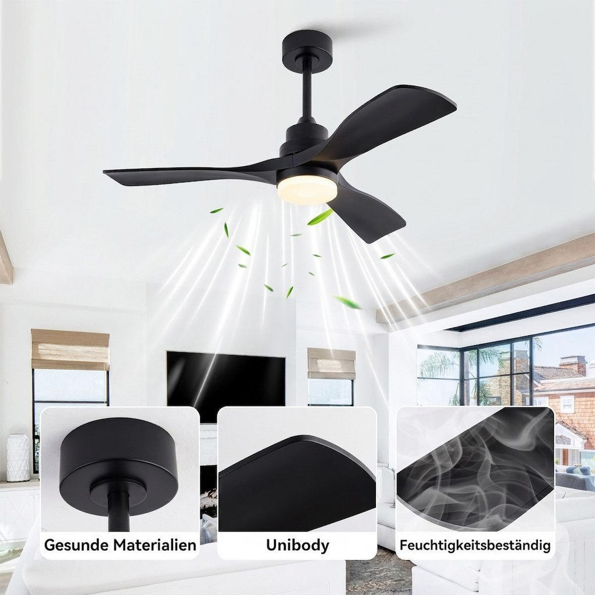 DECKENVENTILATOR & LED Beleuchtung Vor-/Rücklauf reversibler DC-Motor - Schwarz, Kunststoff (107/107/41cm) - BEXEVUE
