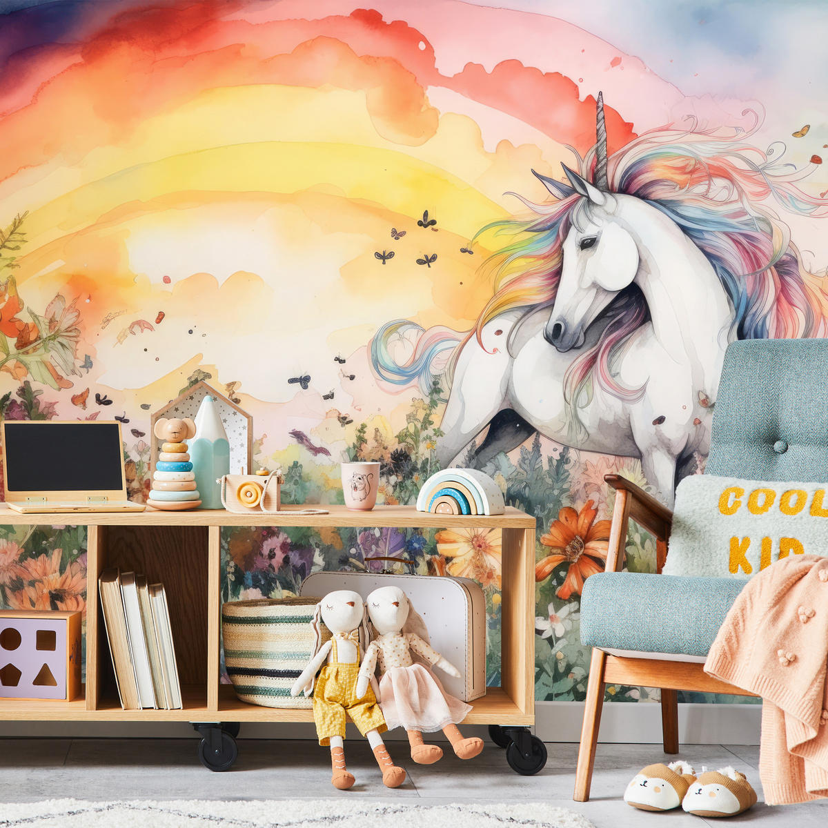 FOTOTAPETE für Kinderzimmer Einhorn Blumen Wiese Regenbogen Magisch Rosa 350x256 - Gelb/Rot, Papier (350/256cm) - Muralo