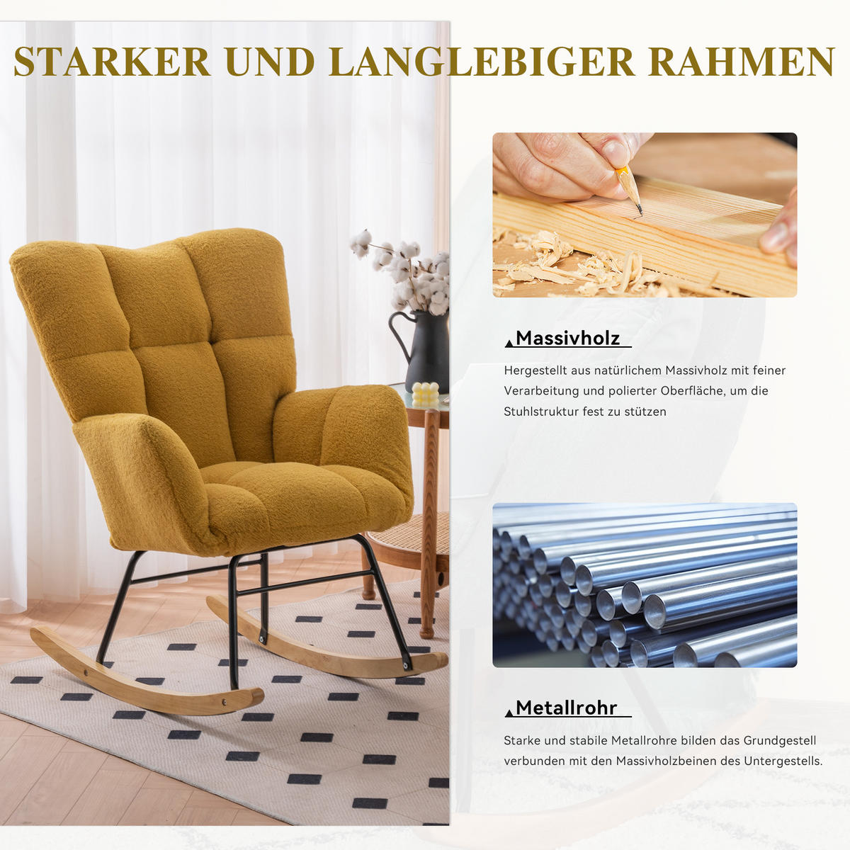 SCHAUKELSTUHL Teddy-Stoff mit hohem Rücken und Filzschutz 80/70/95 cm Gelb - Gelb, Textil (70/95/80cm) - Redom