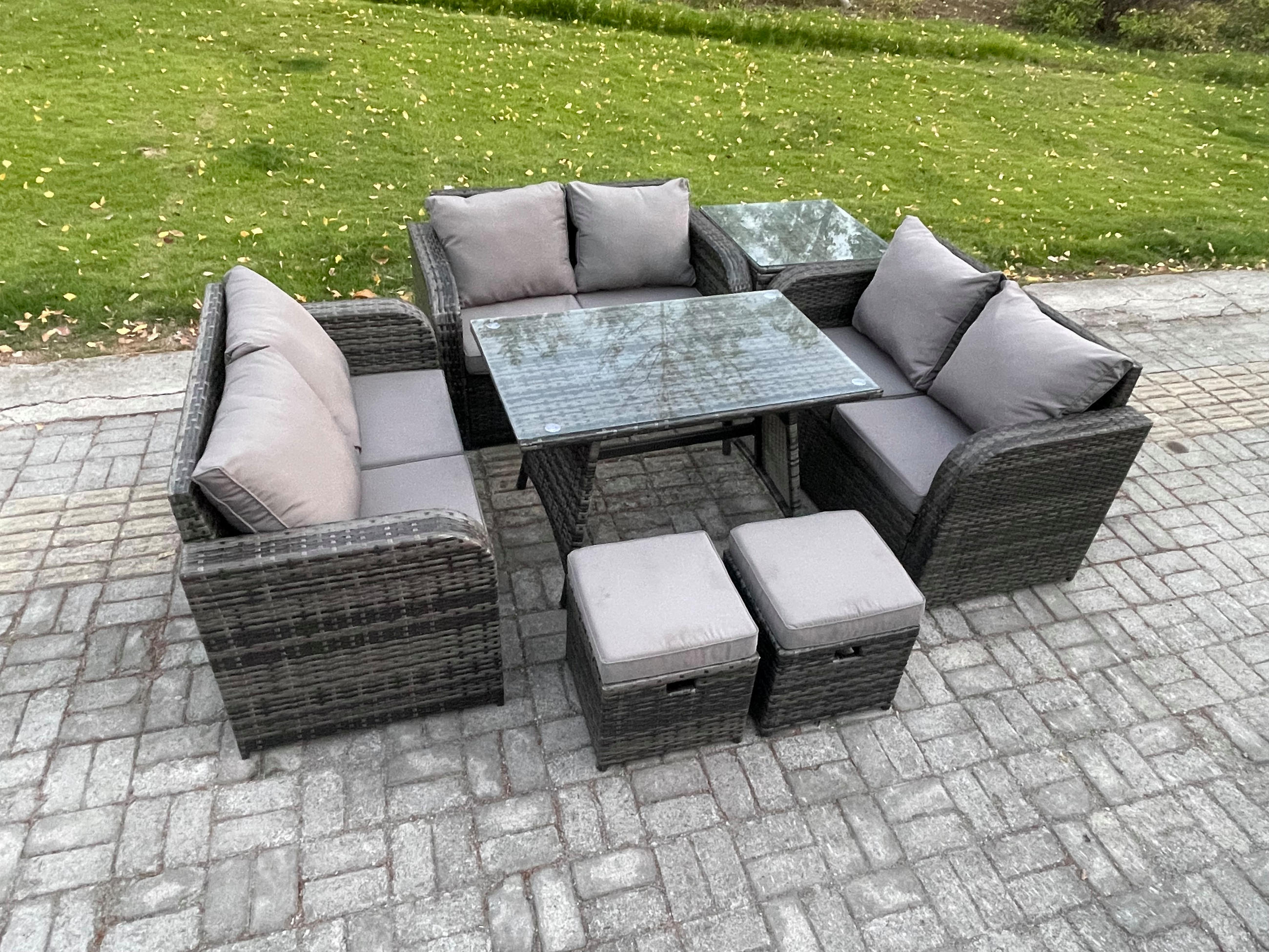 GARTENMÖBELSET mit ESSTISCH,SOFA Polyrattan 8-Sitzer - Dunkelgrau/Grau, Glas/Kunststoff - Fimous