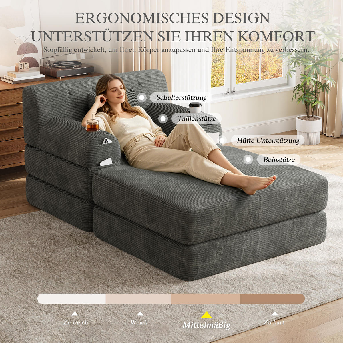 SCHLAFSOFA mit Hocker und Liegefunktion aus Cord in Dunkelgrau - Dunkelgrau, Textil (191/60/162cm) - EVRYAE
