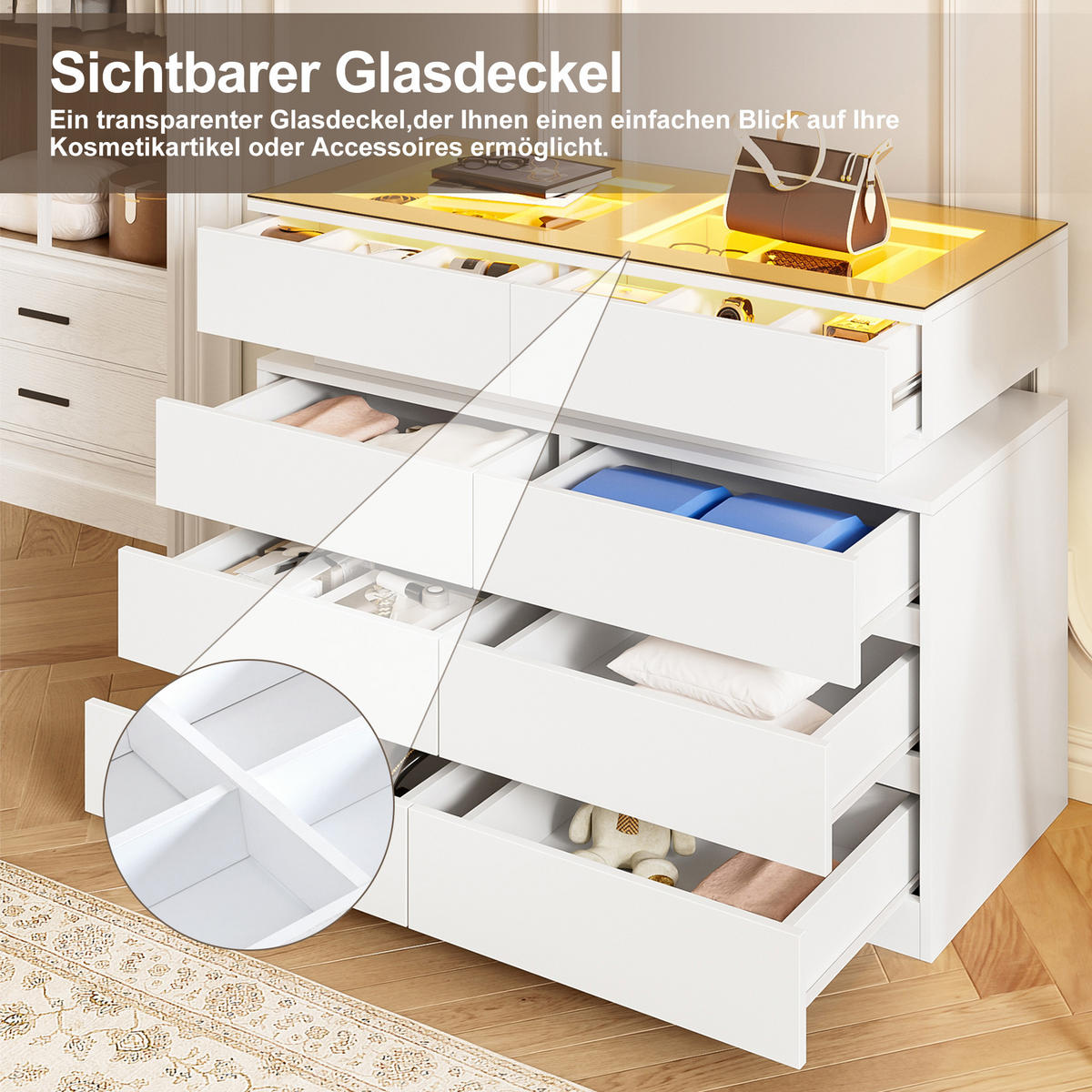 SIDEBOARD LED Glas 8 Schubladen Unterteilung Weiß 100cm Modern - Weiß, Glas (100/76/45cm) - FLIEKS
