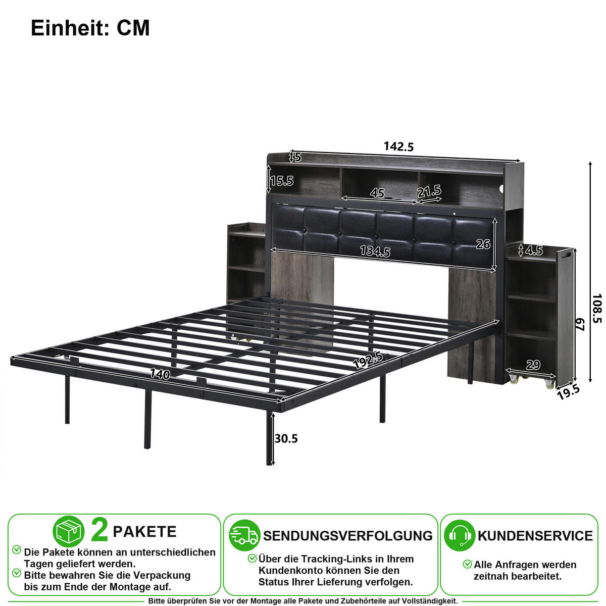 ČALOUNĚNÁ POSTEL 140/190 cm v šedé barvě s LED, USB a USB-C - šedá, kov/kompozitní dřevo (140/190cm) - CHICFURN