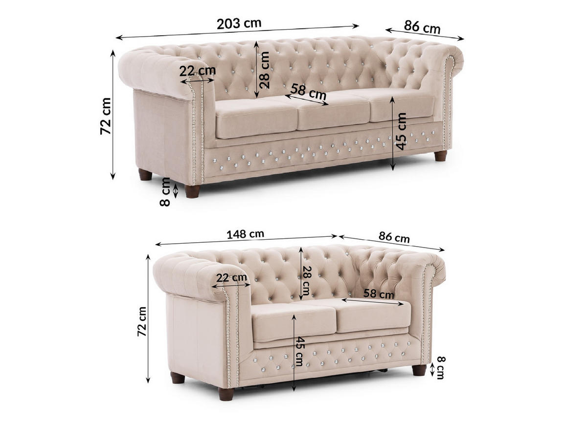 SITZGARNITUR 3+2 Chesterfield Cleo Blink Beige Samt mit Kristallsteppung und braunen Massivholzfüßen - Beige/Braun, Holz/Textil (203/72/86cm) - S-Style Möbel