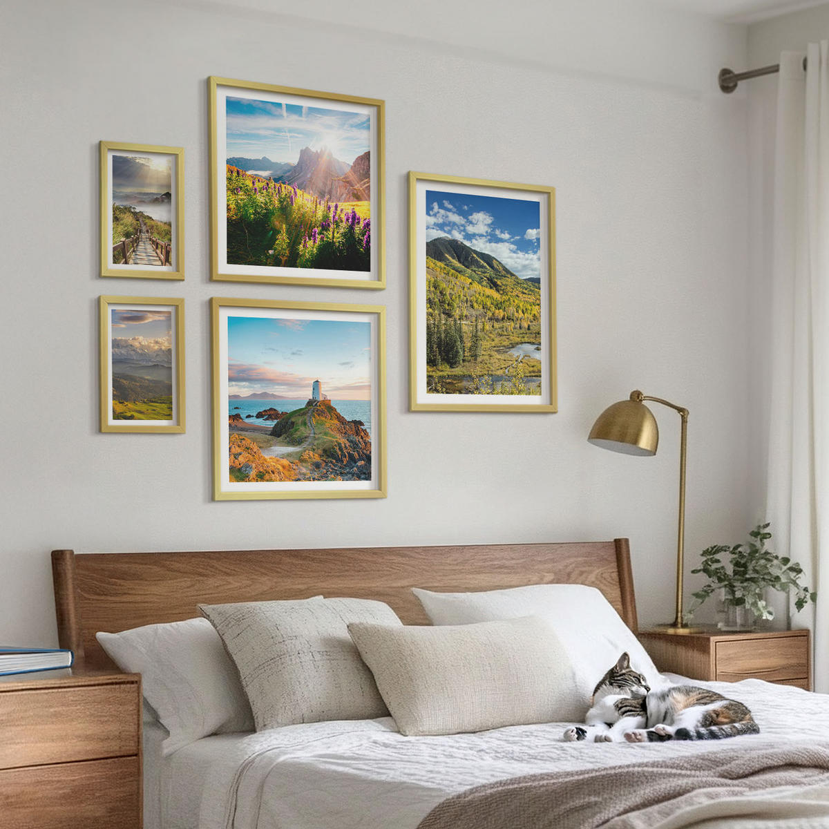 WANDBILDER 5er Set - 50x50 cm & 20x30 cm & 40x60 cm Goldrahmen - Berglandschaften Wasserfall - Goldfarben, Kunststoff (40/60cm) - ArtPrintCave