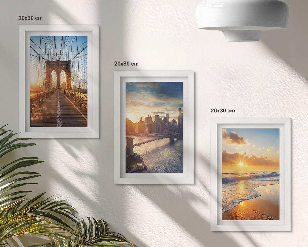 BILDER SET 3er Set - 20x30 cm Weißer Rahmen - Brücken, Sonnenuntergänge, Stadt - Weiß, Kunststoff (20/30cm) - TULUP