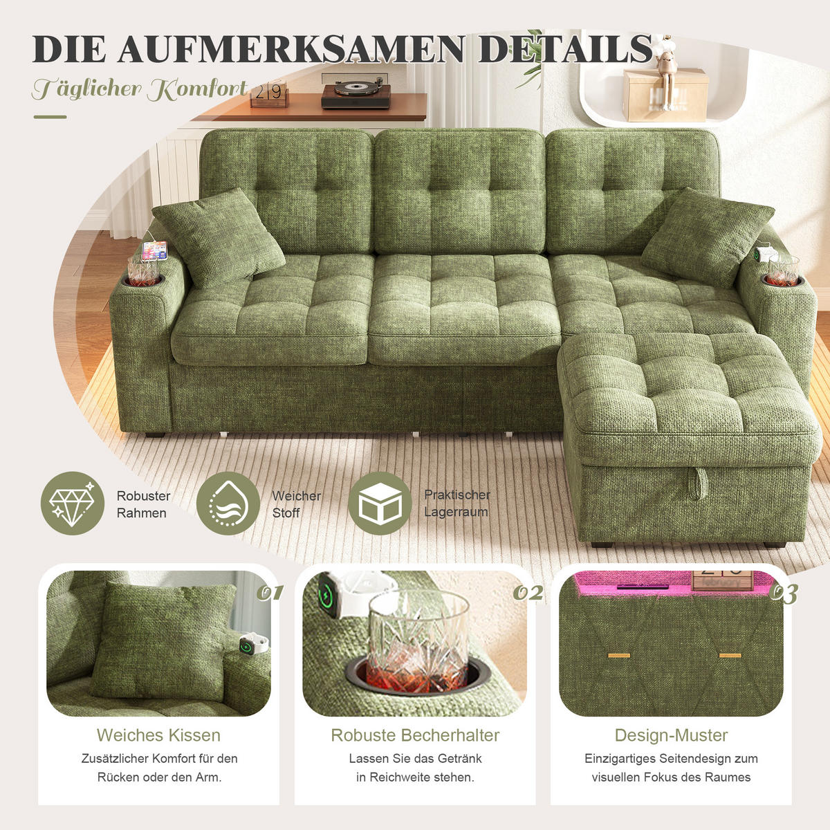 BIGSOFA mit Stauraum-Hocker, USB-C, LED und Getränkehaltern aus Chenille - Grün, Textil (194.5/83/133cm) - EVRYAE