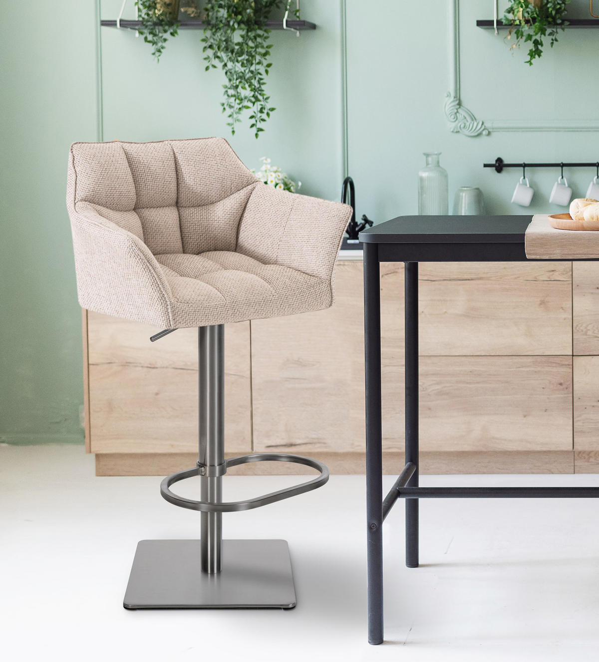 BARHOCKER 2er Set Damaskus Stoff edelstahl elfenbein - Edelstahlfarben/Naturfarben, Textil/Metall (64/110/48cm) - TPFLiving