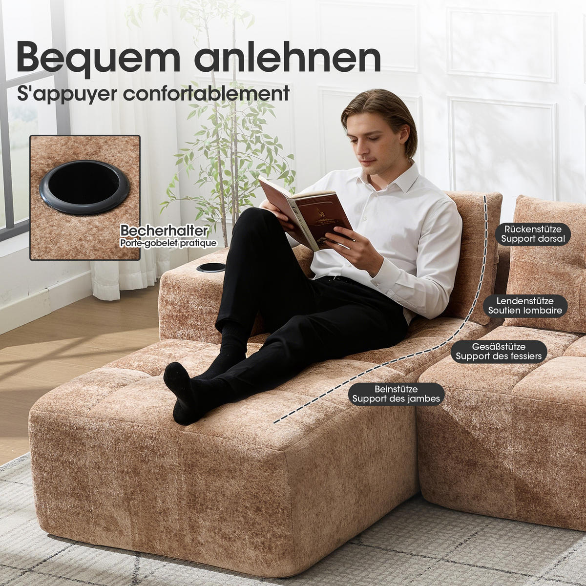ECKSOFA chenille L-form mit getränkehaltern & 3 kissen - Braun, Textil (258/163cm) - Urban Meuble