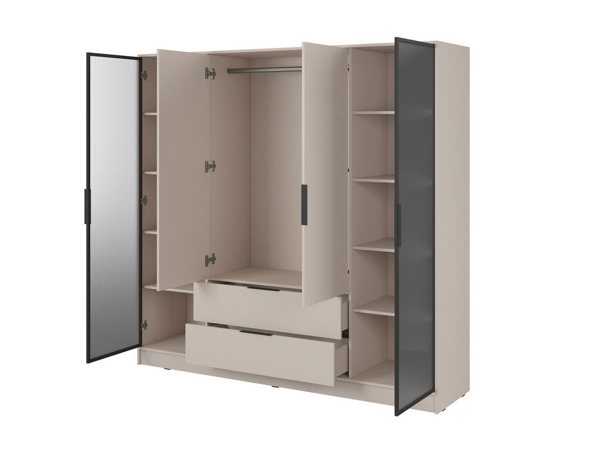 KLEIDERSCHRANK RICADI 4D RD (Kaschmir, Riffelglas, 4 Türen, 2 Schubladen, Kunststoffgriffe) - Kaschmir/Schwarz, Holz/Holzwerkstoff (206/200/51cm) - Ravio