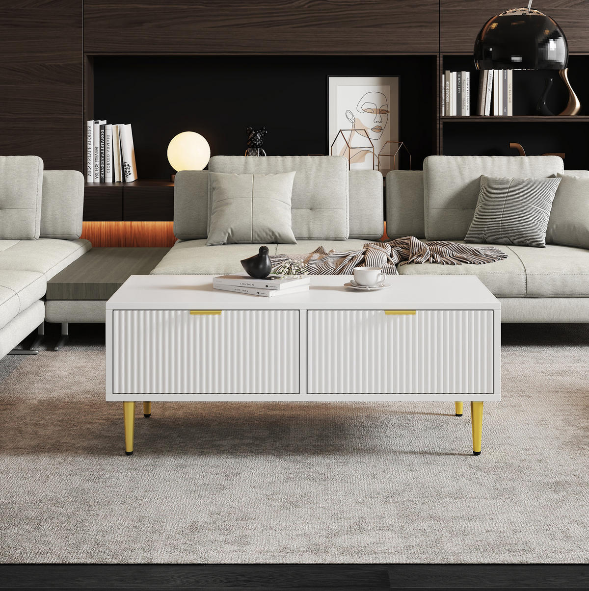 COUCHTISCH 100/50/40 cm in Weiß mit 2 Schubladen und goldfarbenen Details - Weiß, Holzwerkstoff (100/50/40cm) - Flora Grace