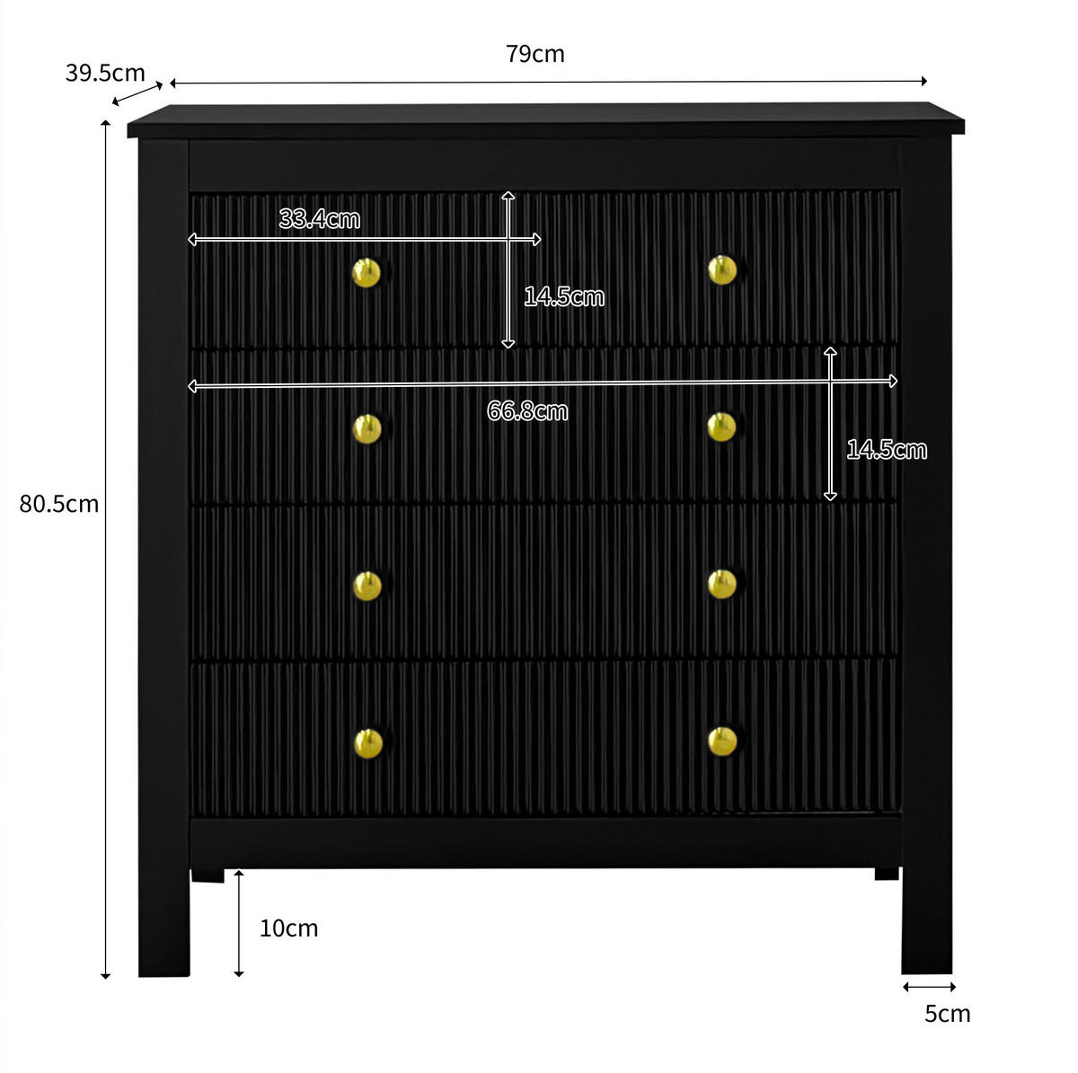 KOMMODE 79/80,5/39,5 cm Schwarz aus Spanplatte mit 5 Schubladen - Schwarz, Holzwerkstoff (39.5/80.5/79cm) - OKMYHOME