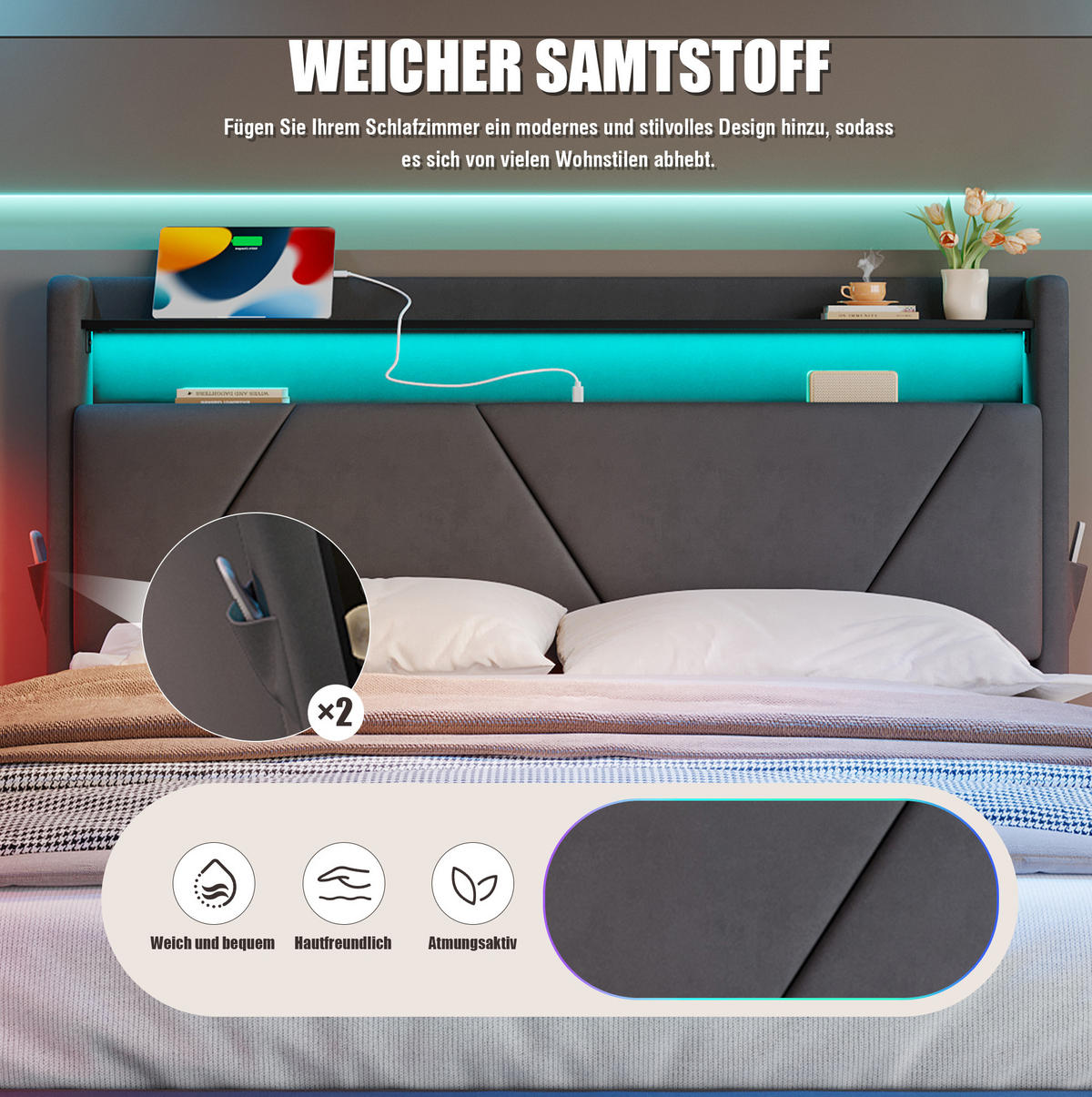 BETT mit Stauraum und LED 160x200 cm Samt Dunkelgrau - Dunkelgrau, Metall (160/200cm) - Meubliv