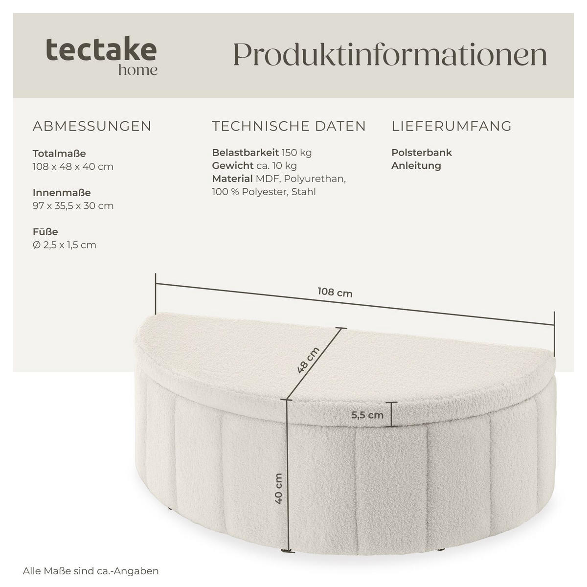 POLSTERBANK Moon mit großem Stauraum, Belastbarkeit 150 kg, 108 x 48 x 38,5 cm, Bouclé creme - Creme, Holz (108/40/48cm) - tectake