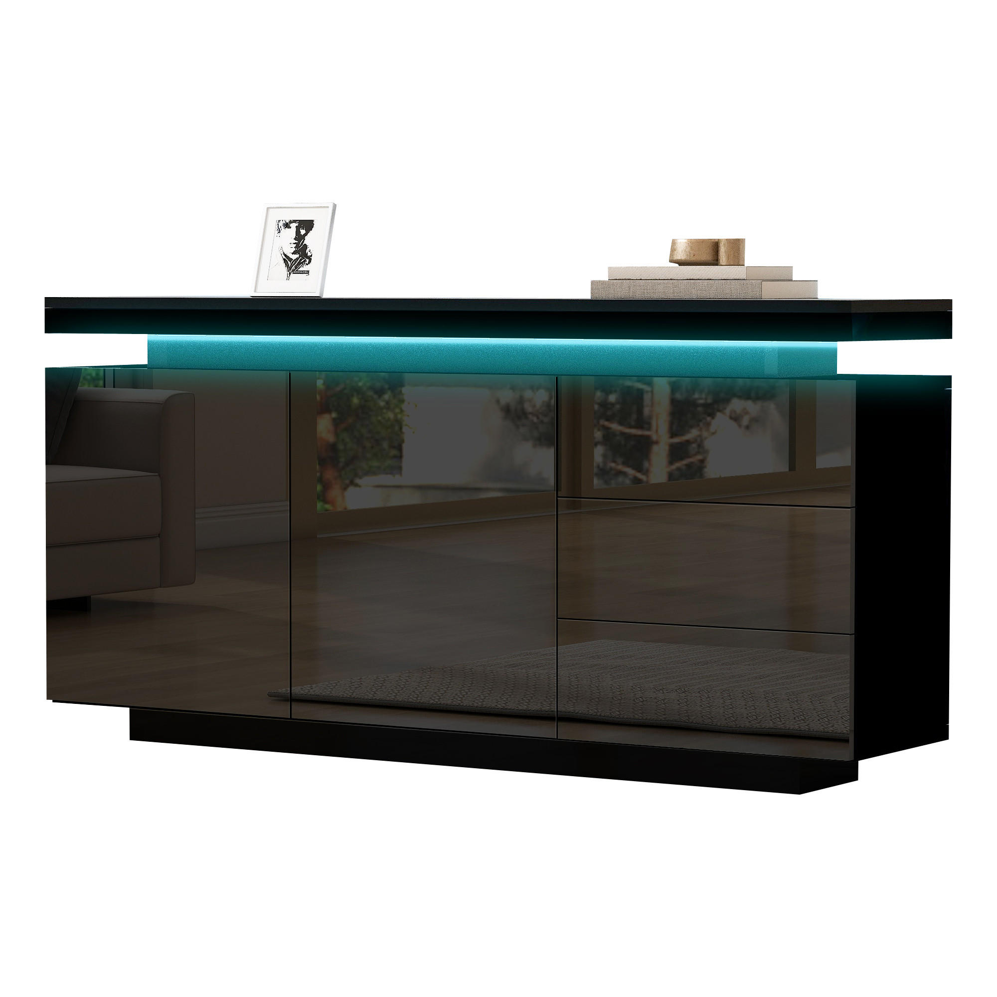 SIDEBOARD LED Hochglanz 2 Türen 3 Schubladen Schwarz 140cm modern - Schwarz, Holzwerkstoff (38/72/140cm) - FLIEKS