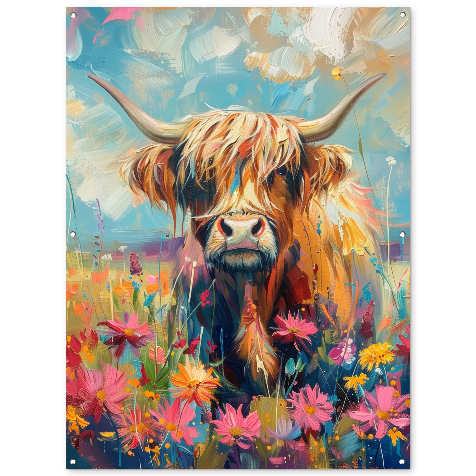 GARTENPOSTER Schottische Hochländer - Natur - Farbenfroh - Blumen 120x160 cm - Hellblau, Kunststoff (120/160/0.2cm) - OnlyWow