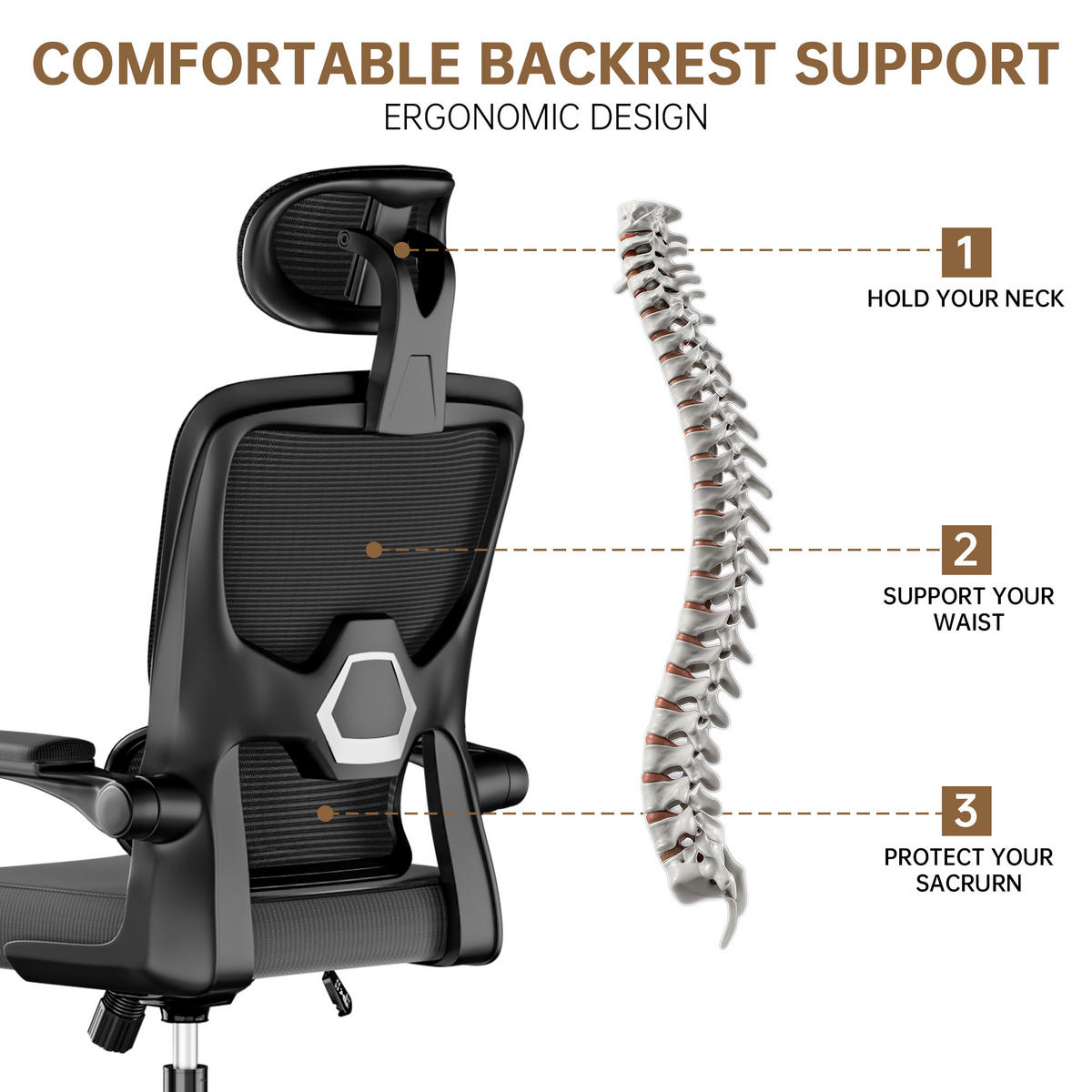 BÜROSTUHL Schwarz ergonomisch mit klappbaren Armlehnen - Schwarz, Metall (25/52.5/65cm) - Rattrix