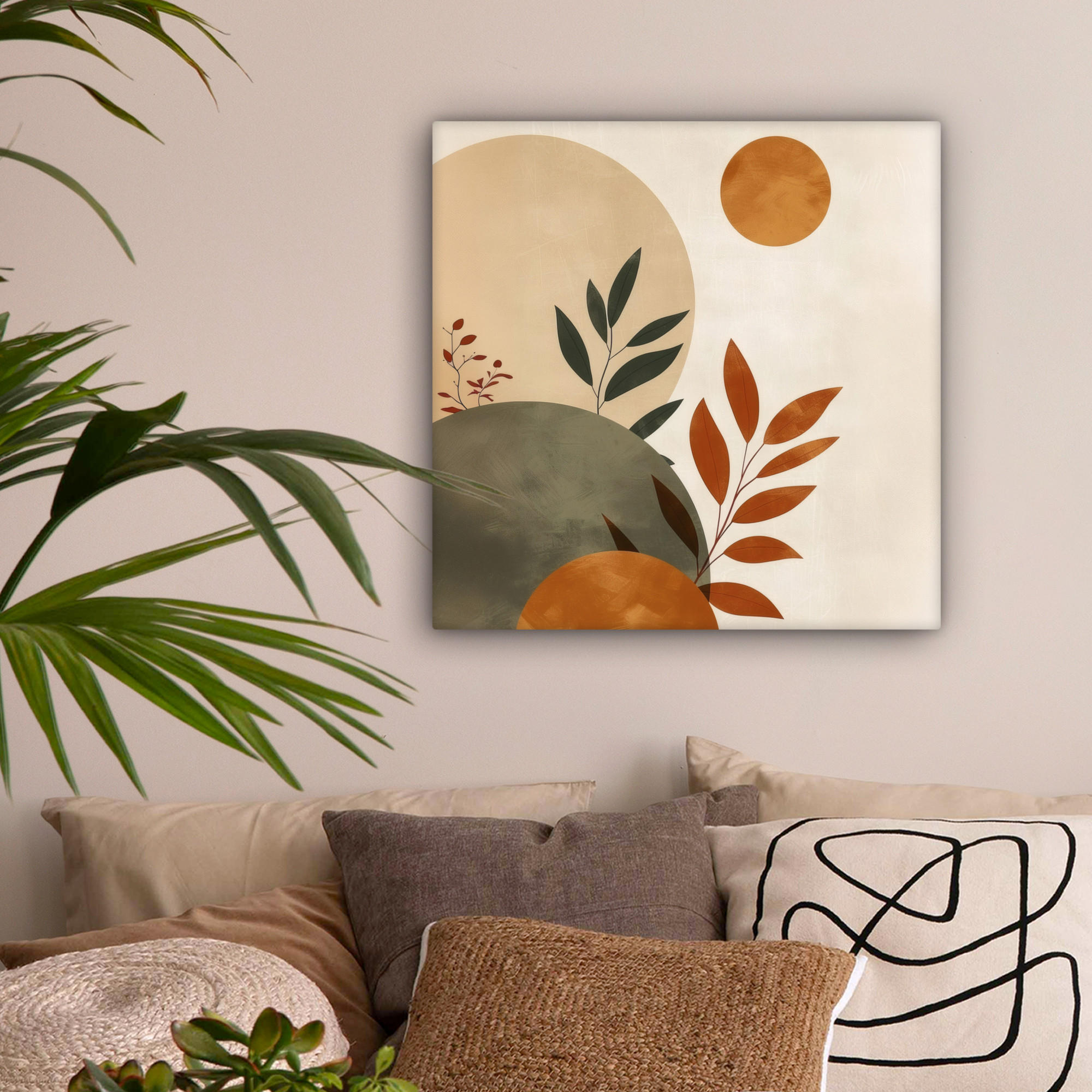 LEINWANDBILD Formen - Rund - Blätter - Beige 50x50 cm - Rostfarben, Textil (50/50cm) - MuchoWow