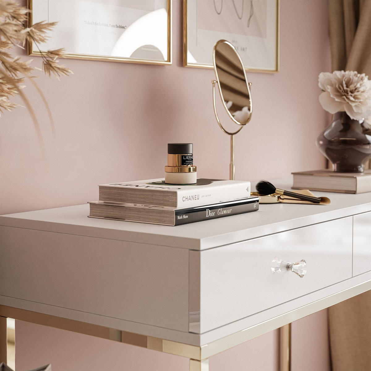 KONSOLE BLANCO mit Schubladen GOLD CHROM Weiß Hochglanz Kristallgriff - Weiß Hochglanz, Holzwerkstoff (42/100/81cm) - Lookway