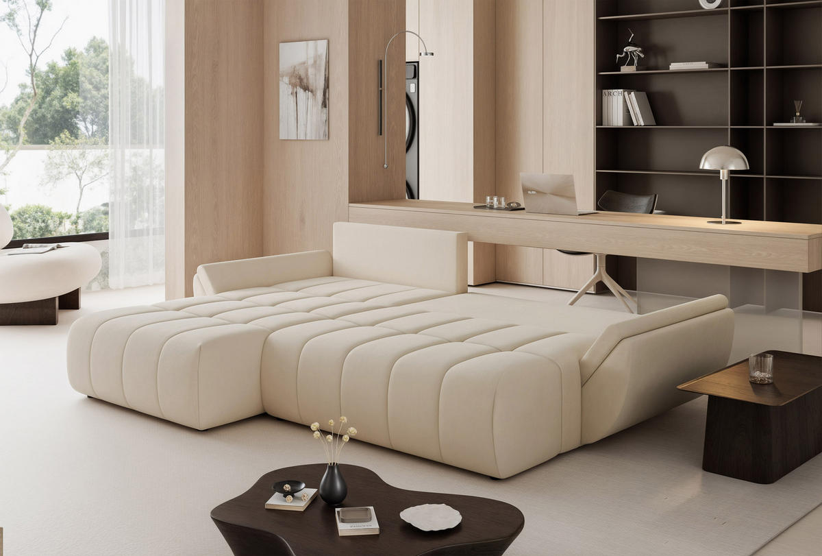 ECKSOFA ARO mit Schlaffunktion und Bettkasten Creme - Creme, Holzwerkstoff/Kunststoff (280/190cm) - Idohome