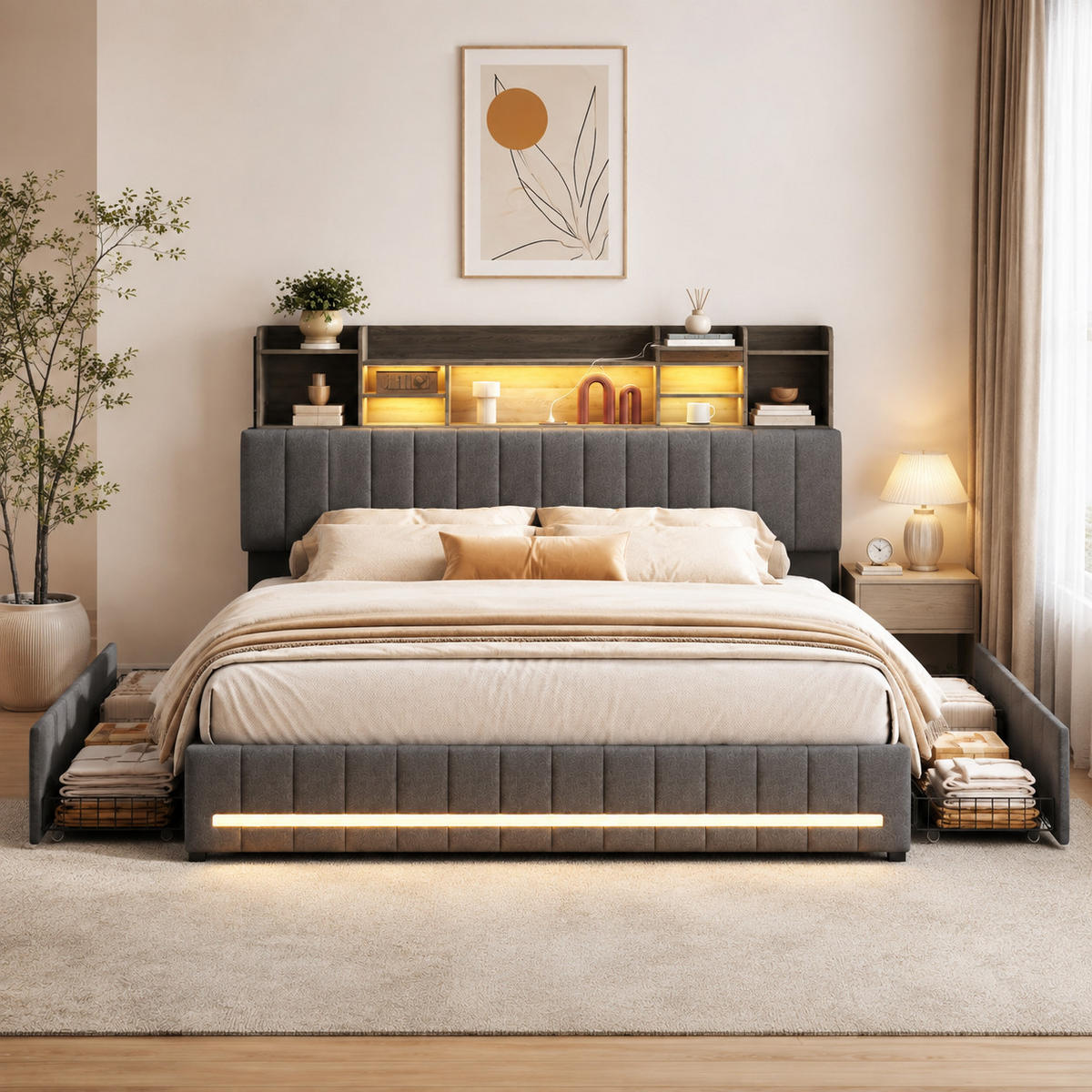 POLSTERBETT 160/200 cm mit Bücherregal-Kopfteil, USB-Anschluss, LED-Beleuchtung & Stauraum-Schubladen, Metallrahmen, Lattenrost inklusive - Anthrazit, Holz/Metall (160/200cm) - Joyfair