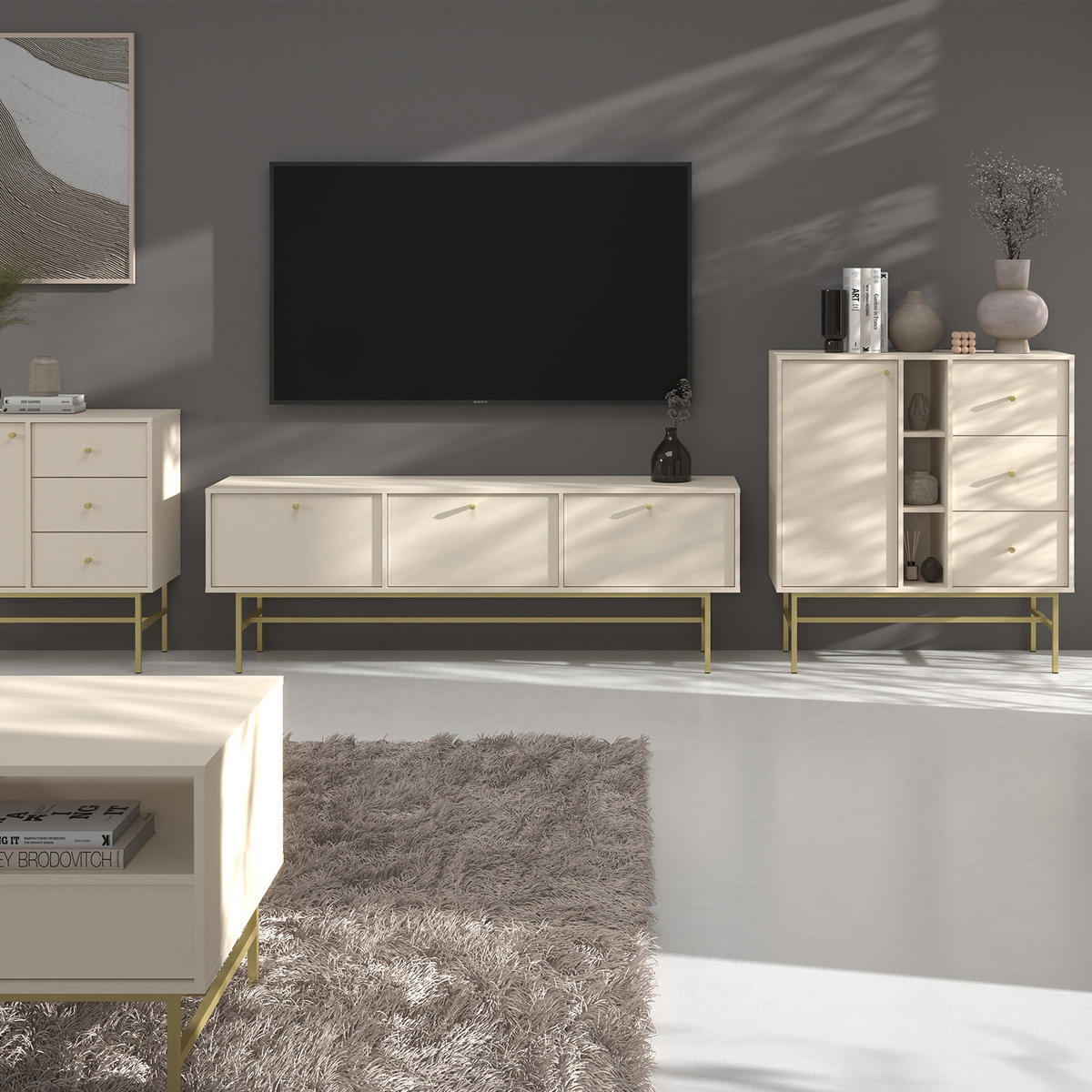 KOMMODE FLOREN, Creme/Gold - Creme, Holzwerkstoff/Metall (83.6/107.5/40.8cm) - KONSIMO®