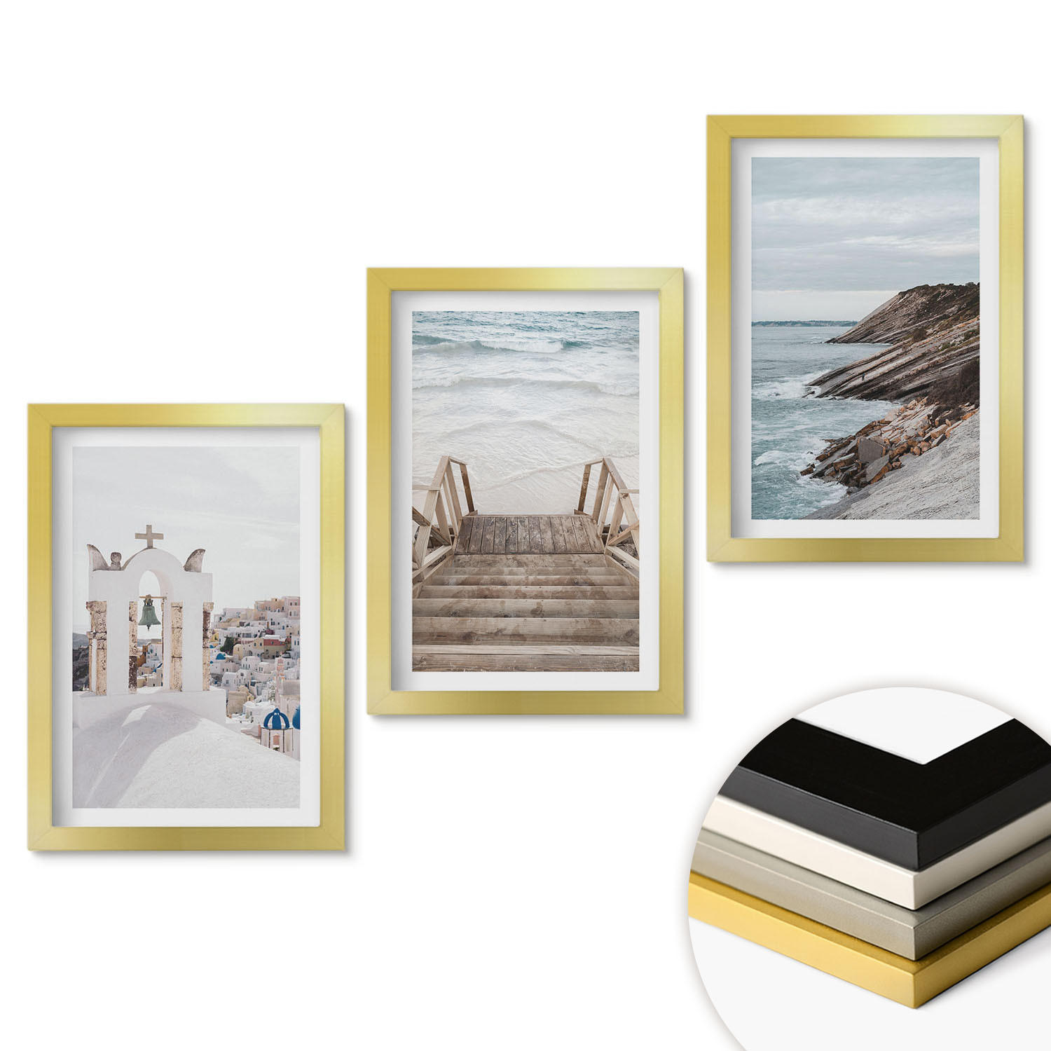 WANDBILDER 3er Set - 20x30 cm Goldrahmen - Meeresarchitektur Santorin - Goldfarben, Kunststoff (20/30cm) - ArtPrintCave