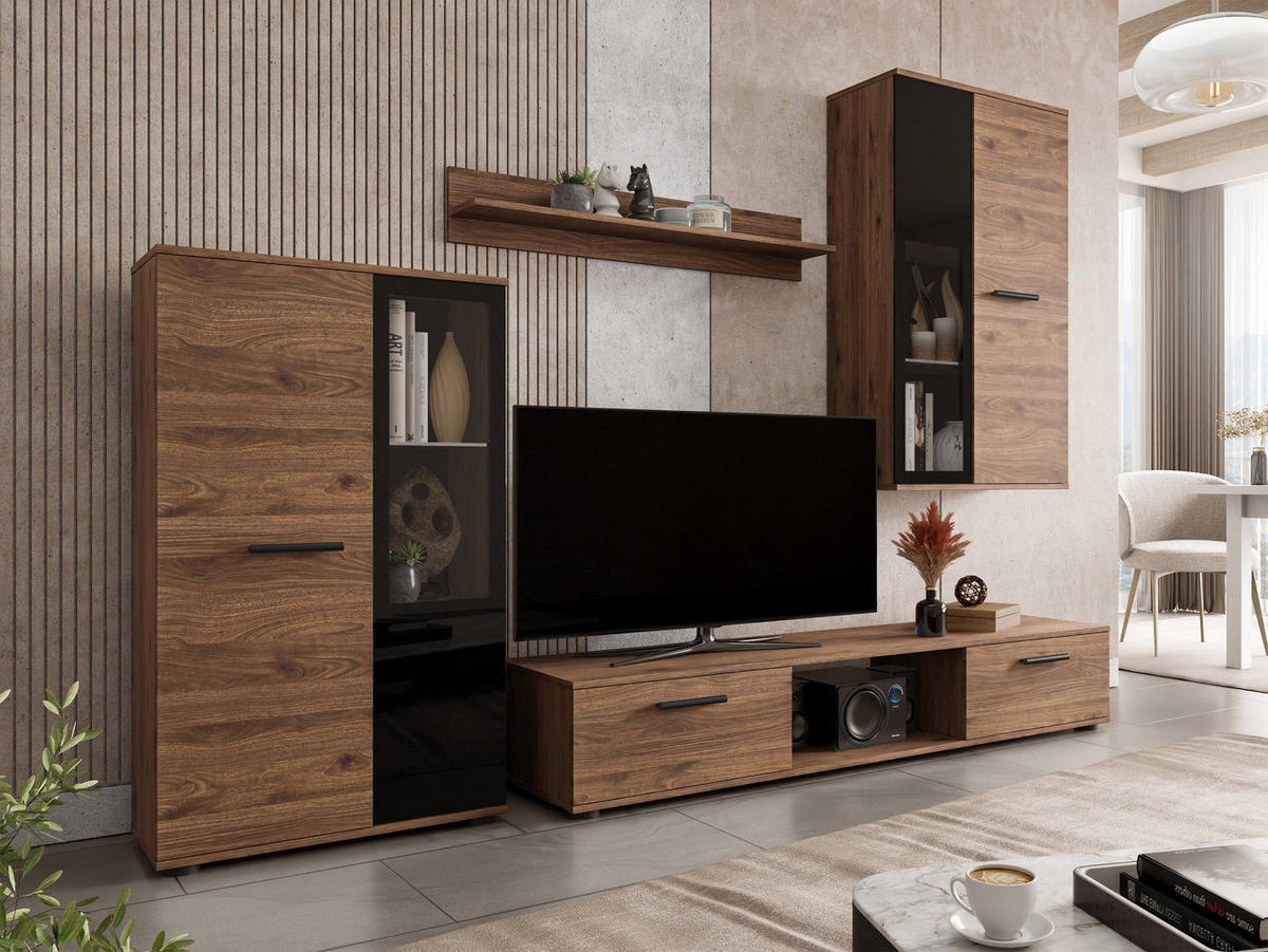 WOHNWAND Salsa - Nussbaumfarben/Schwarz, Holzwerkstoff/Kunststoff (235/180/41cm) - MIRJAN24