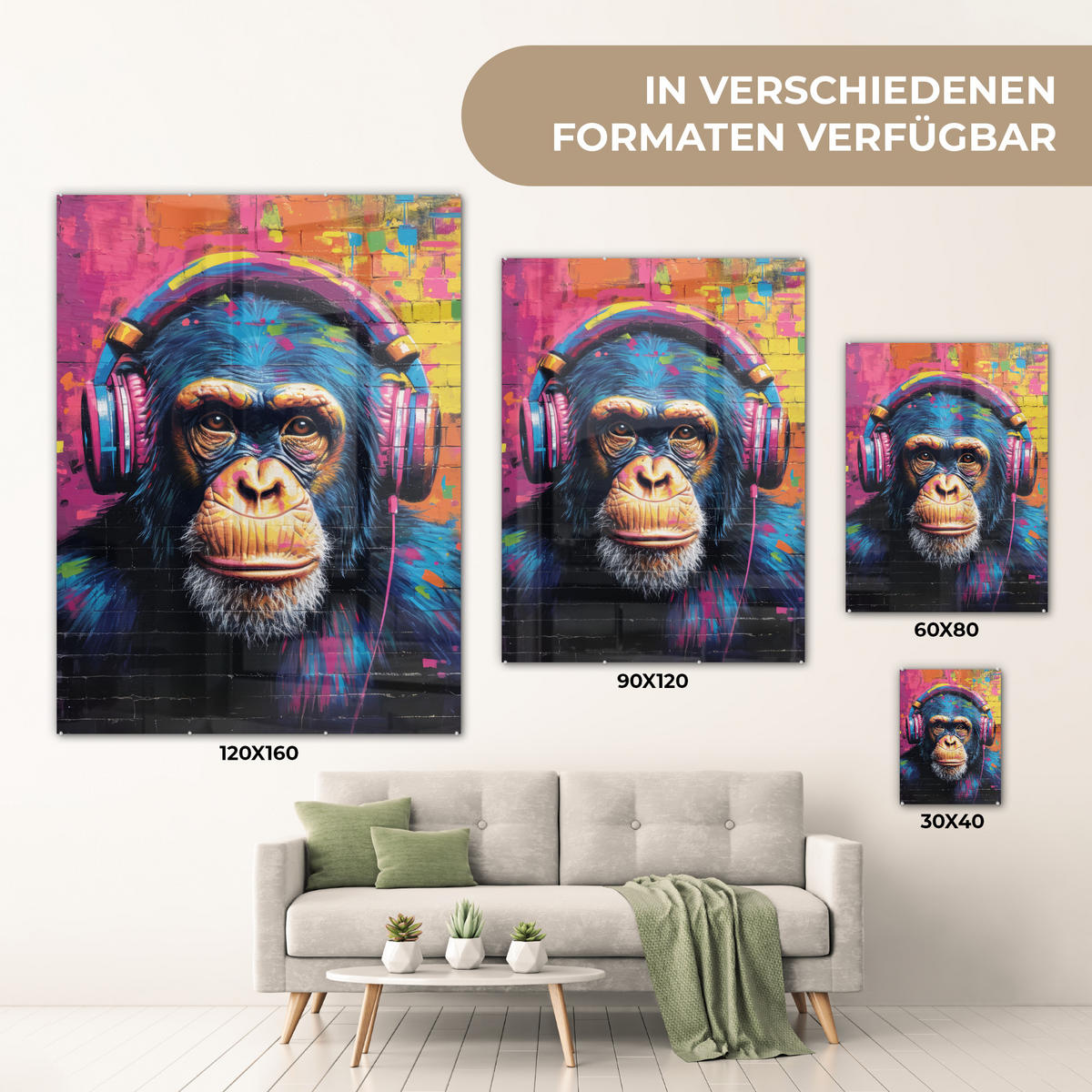 ACRYLGLASBILD Graffiti - Schimpanse - Straßenkunst - Kopfhörer - Affe 60x80 cm - Blau, Glas (60/80cm) - MuchoWow