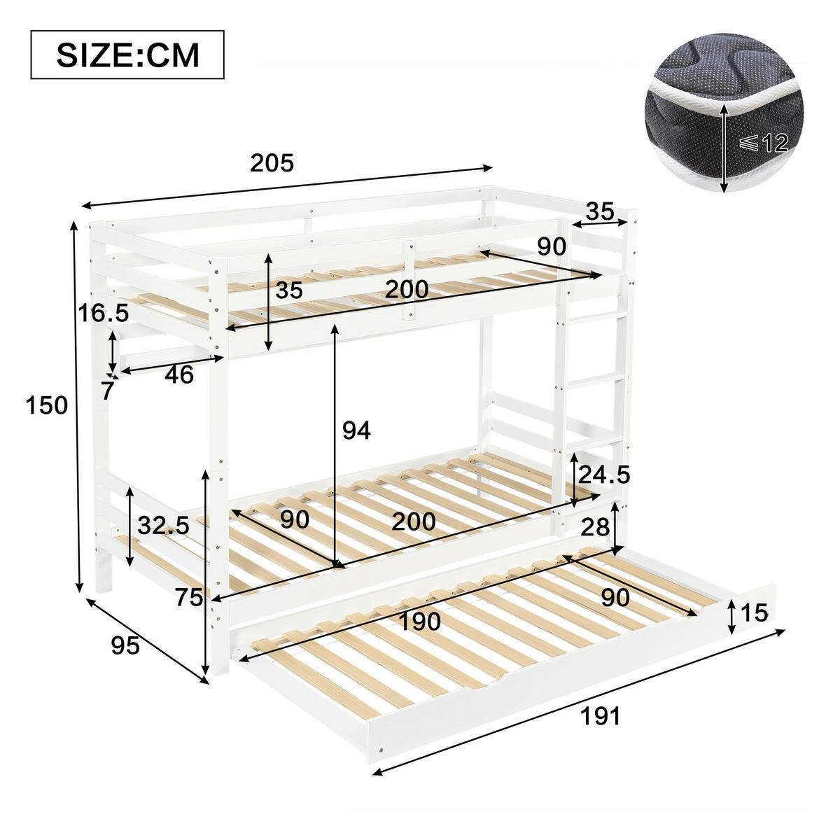 ETAGENBETT Ausziehbar Weiß 90x200cm - Weiß, Holz (90/200cm) - ComfortXL