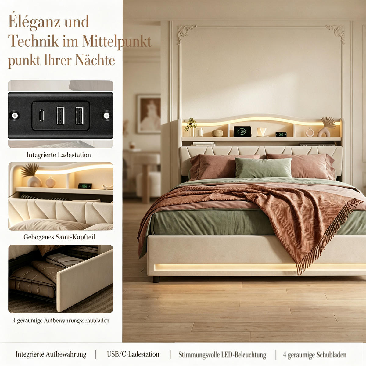 POLSTERBETT 160x200 mit stauraum, doppelbett mit LED, 4 Schubladen, Lattenrost, USB, Kopfteil, Samtstoff, Beige - Beige, Holz/Textil (160/200cm) - GENKI LIVING