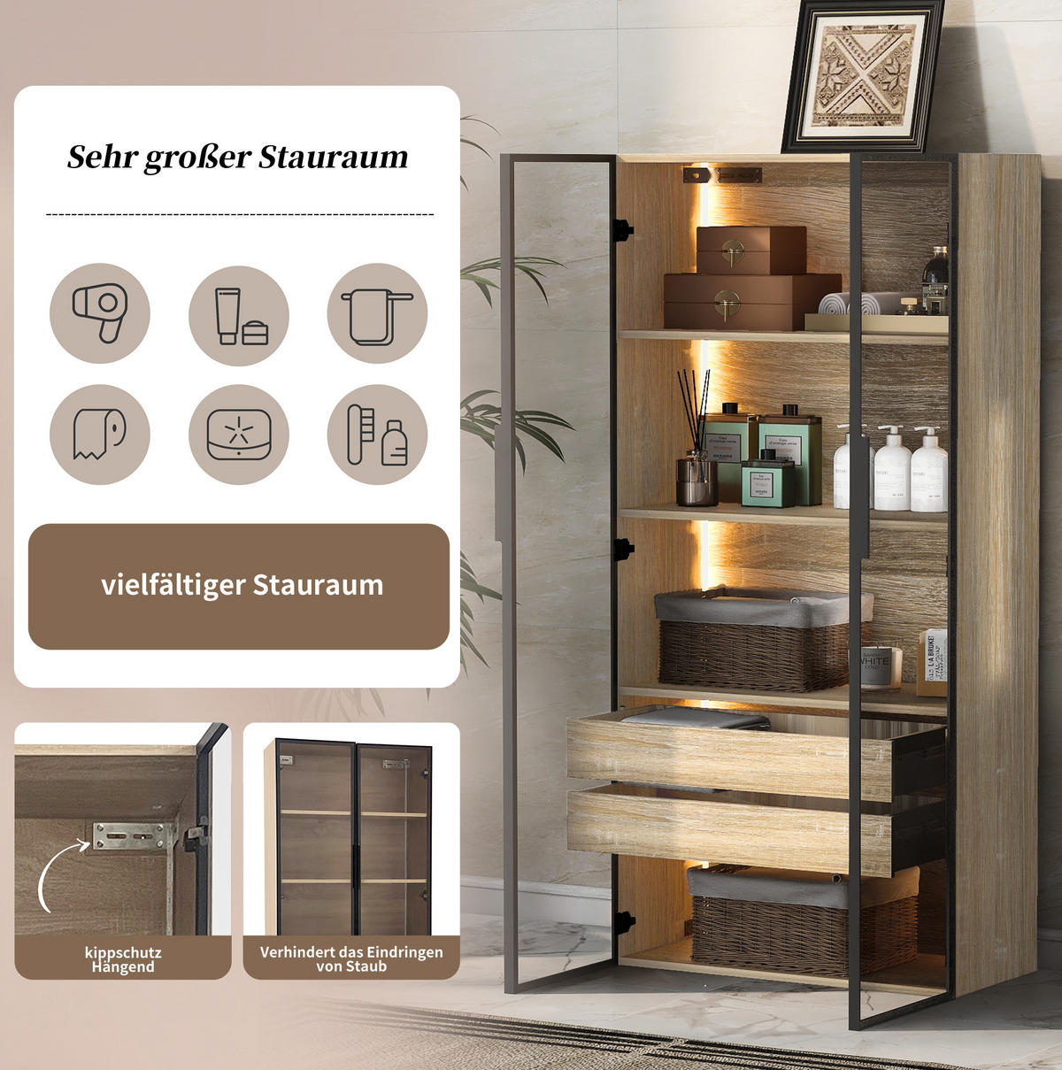 MIDISCHRANK 2er-Set Badezimmerschränke 73 cm aus MDF mit LED-Beleuchtung und Milchglastüren Natur - Naturfarben, Holzwerkstoff (74/155/36cm) - Modenvie