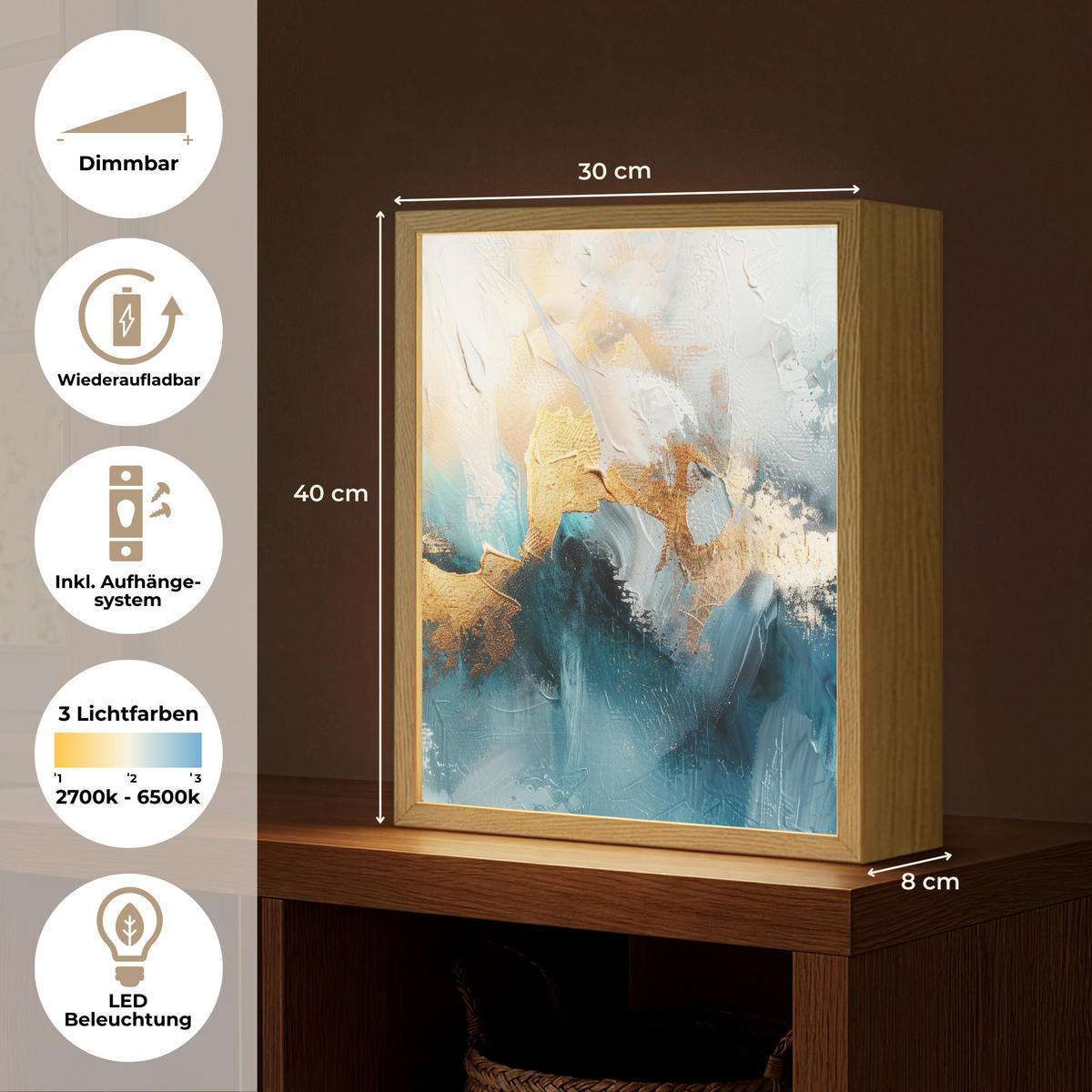 NÁSTĚNNÁ LAMPA S AKUMULÁTOREM Abstraktní - umění - zlatá - modrá 30x40 cm - tyrkysová, kompozitní dřevo (30/40/8cm) - OnlyWow