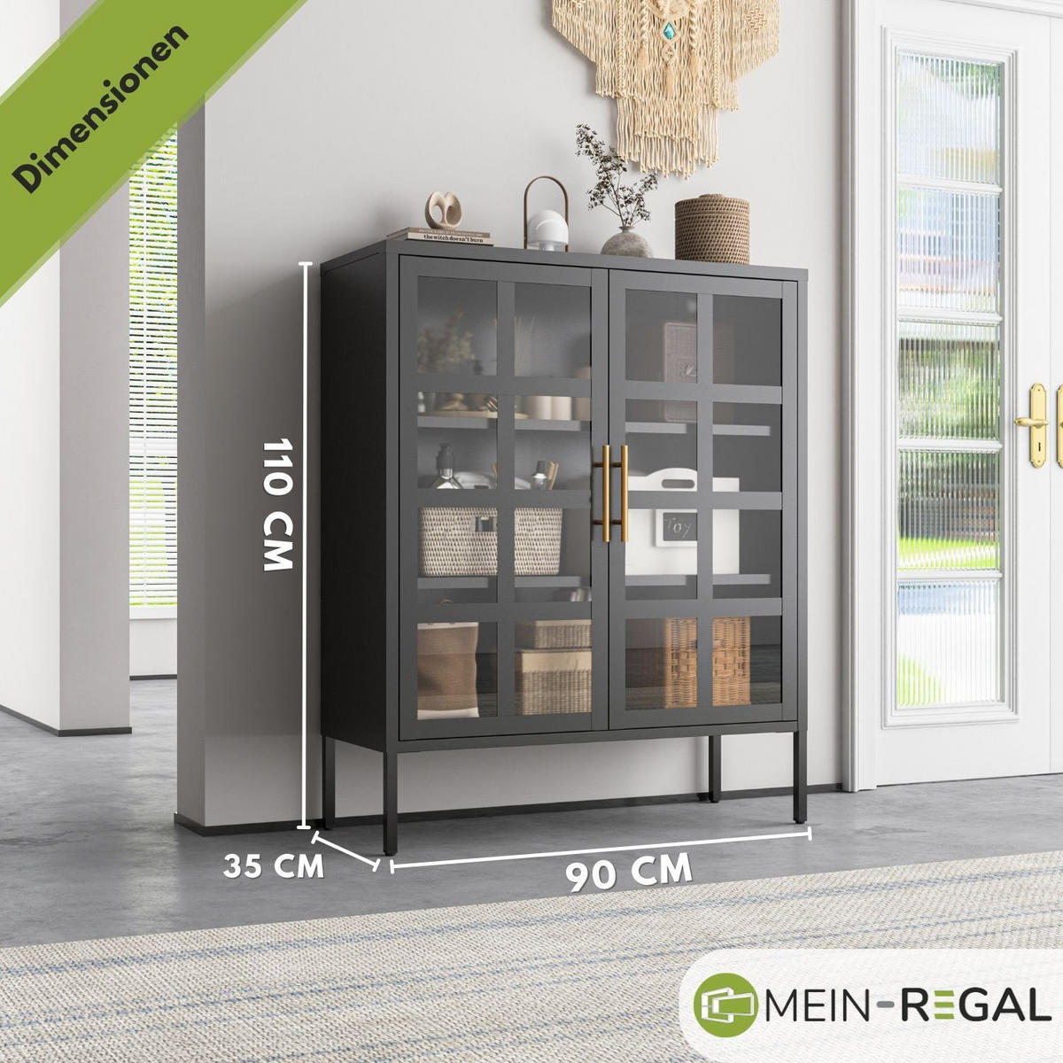 HIGHBOARD GLASGOW Metall mit Glastüren 90/35/110 cm - Schwarz, Metall (35/110/90cm) - Mein-Regal