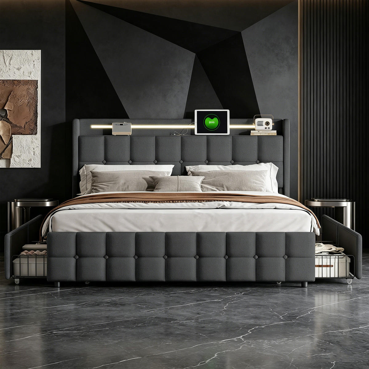 DOPPELBETT 160x200 mit stauraum, polsterbett mit LED, USB, 4 Schublade, Leinenstoff, grau - Dunkelgrau, Textil/Metall (160/200cm) - GENKI LIVING