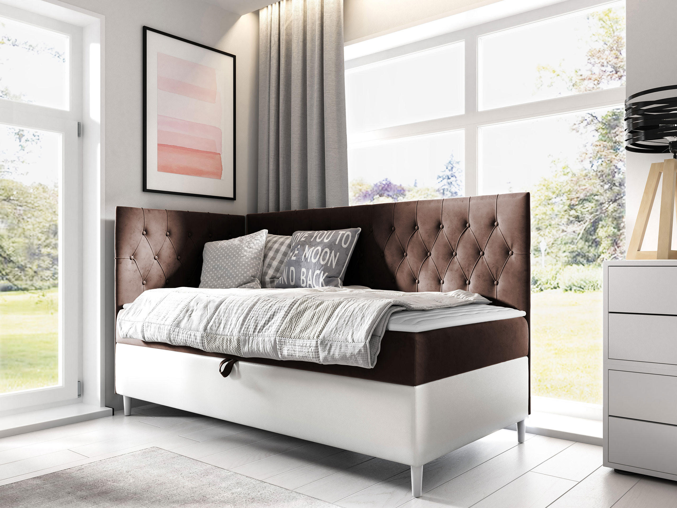 BOXBETT Filip Junior 3, Seite zum Öffnen des Bettkastens: Links - Weiß/Braun, Holz (100/200cm) - MIRJAN24