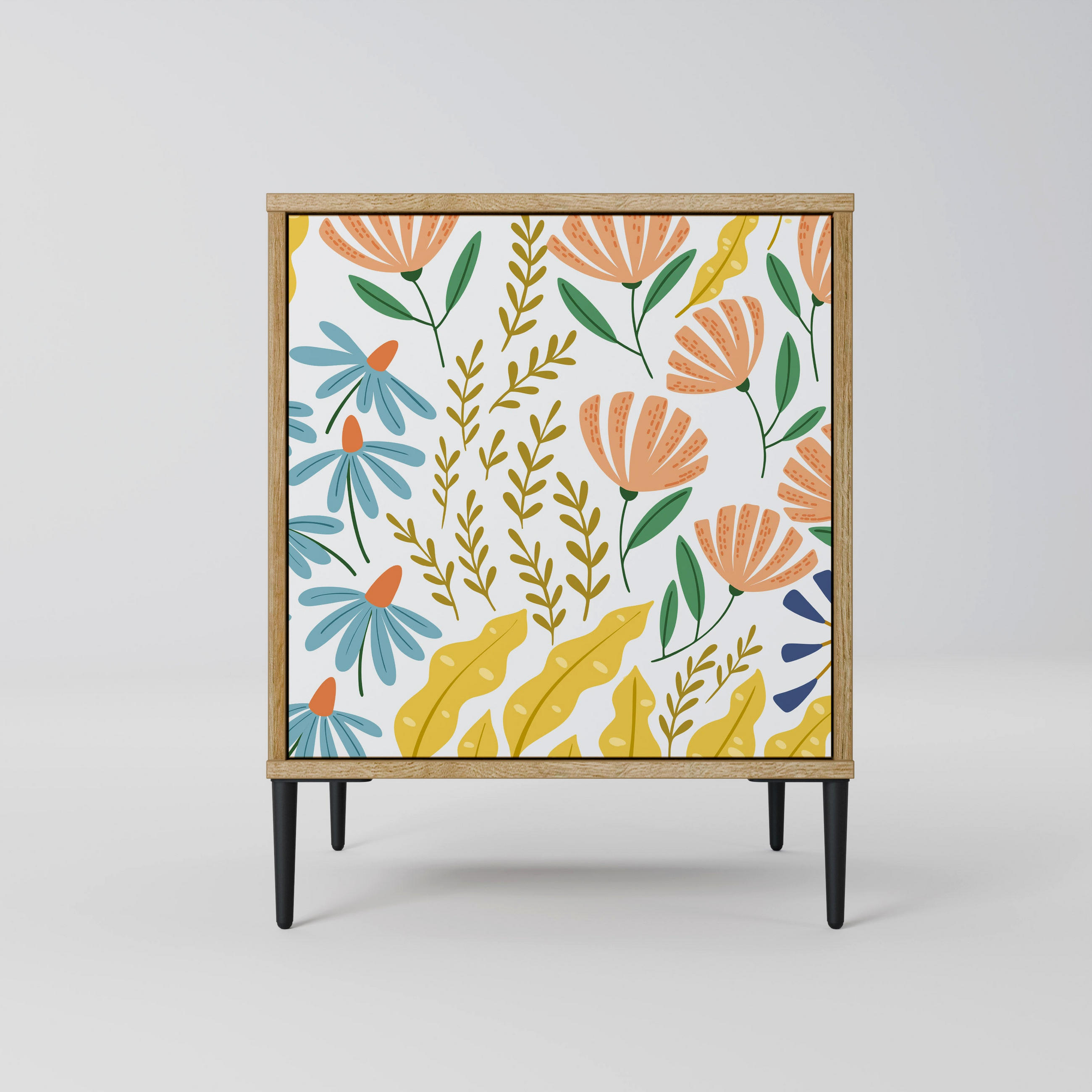 SIDEBOARD HELLO SPRING, Eichefarben, 57,5x42x72,5 cm, Schwarze Metallfüße - Eichefarben/Multicolor, Holzwerkstoff/Metall (57.5/72.5/42cm) - SpaceRebels