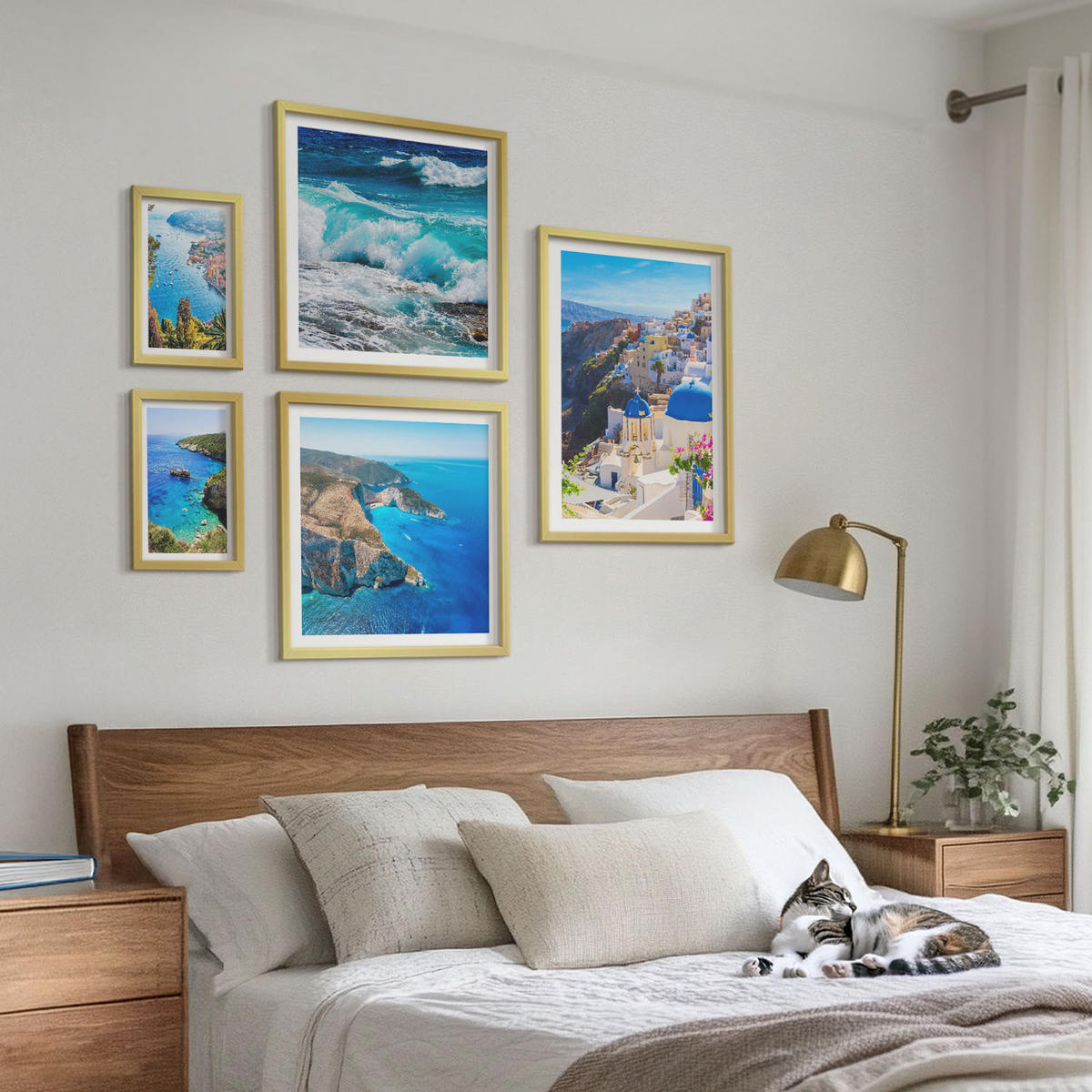 WANDBILDER 5er Set - 50x50 cm & 20x30 cm & 40x60 cm Goldrahmen - Griechische Ansichten von Santorin Oia - Goldfarben, Kunststoff (40/60cm) - ArtPrintCave