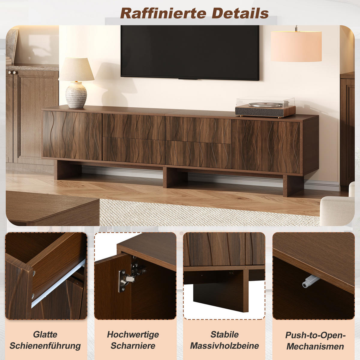 TV-LOWBOARD 180x40x56 cm Nussbaum 4 Schubladen 2 Türen Wellen - Walnussfarben, Holzwerkstoff (40/56/180cm) - FLIEKS
