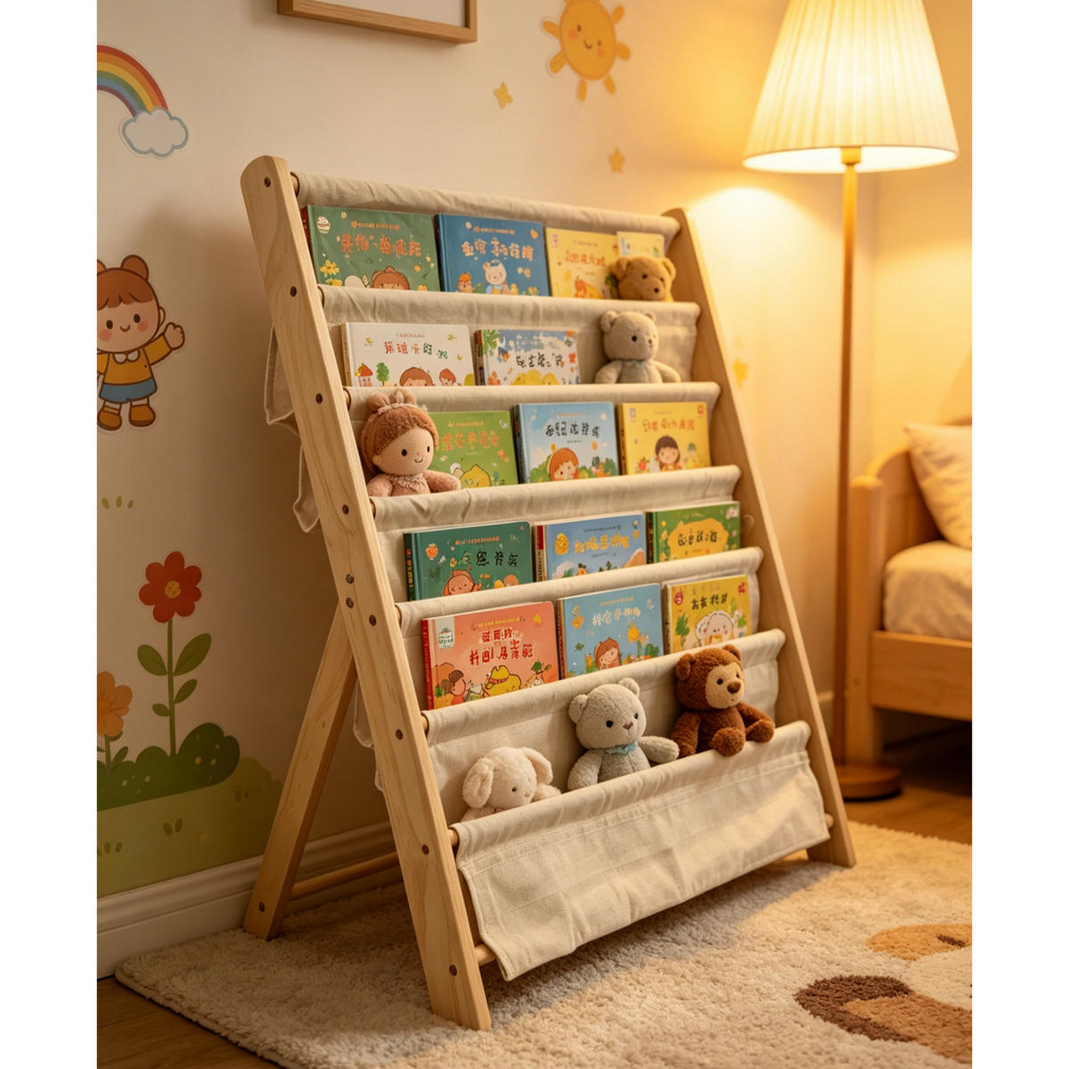 BÜCHERREGAL Weiß Natur Kinder 6 Stofffächer 80x75x30 cm - Creme, Holz/Textil (75/80/30cm) - Relaxdays
